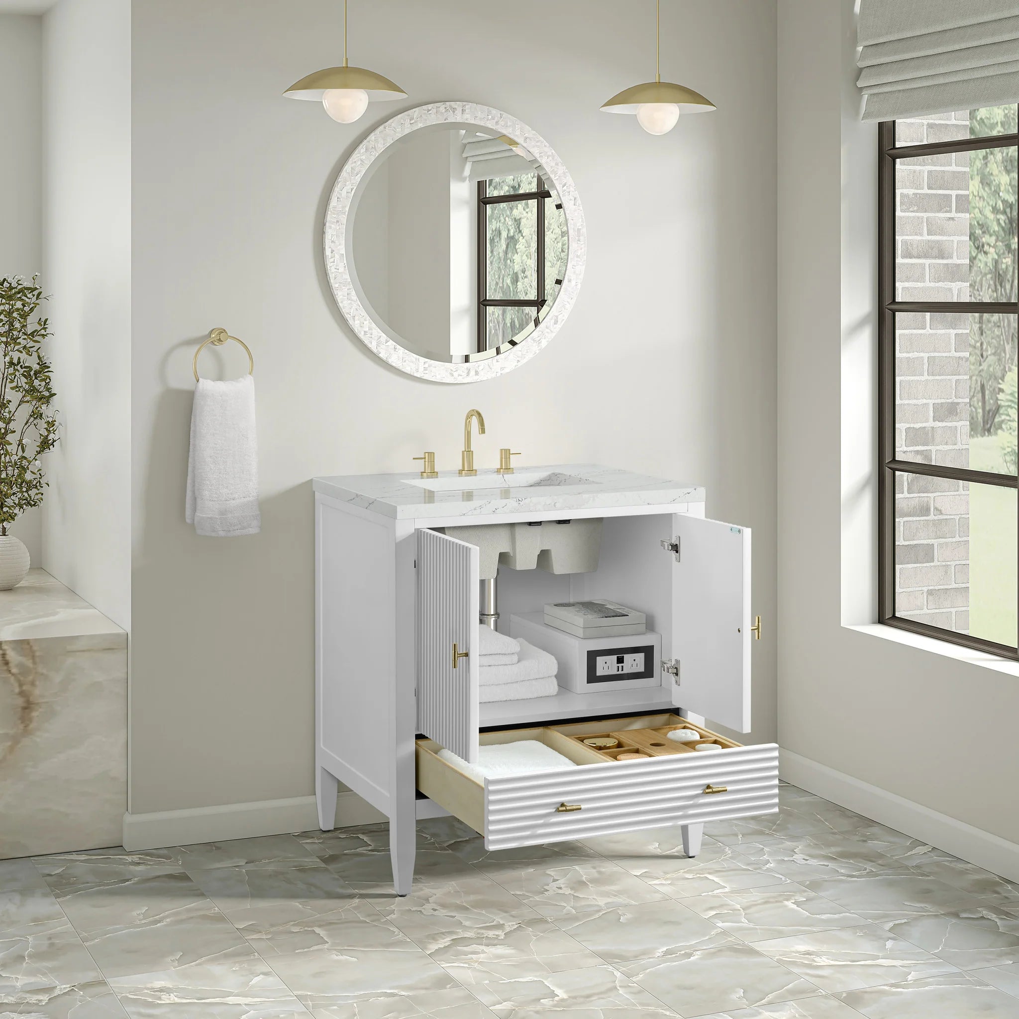 30" Myrrin Single Vanity in Bright White by James Martin Vanities-Ethereal Noctis Silestone 3
