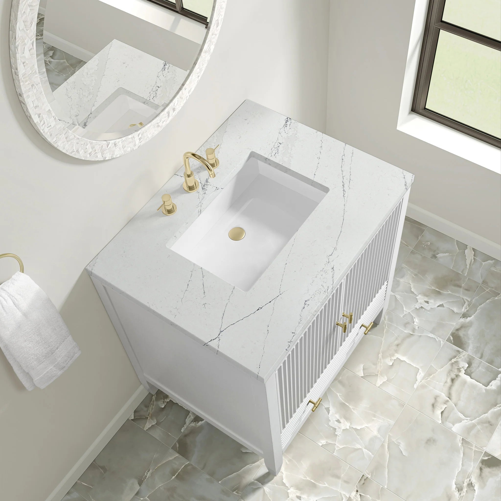 30" Myrrin Single Vanity in Bright White by James Martin Vanities-Ethereal Noctis Silestone 5