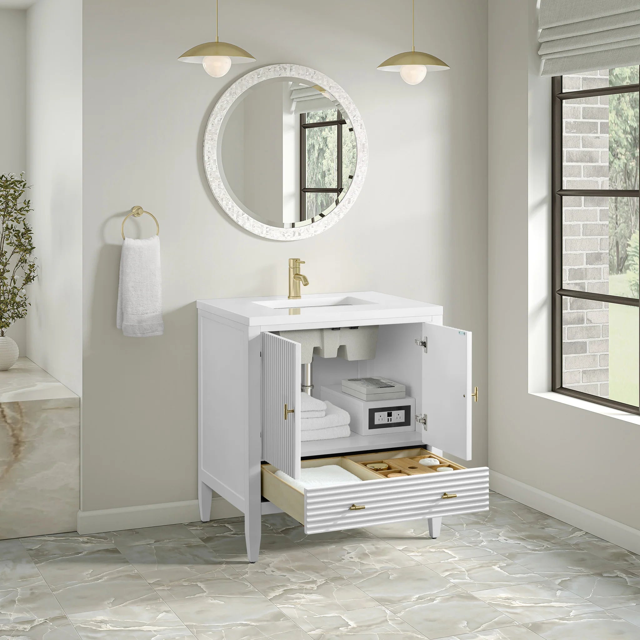 30" Myrrin Single Vanity in Bright White by James Martin Vanities-White Zeus Silestone & Backsplash 6
