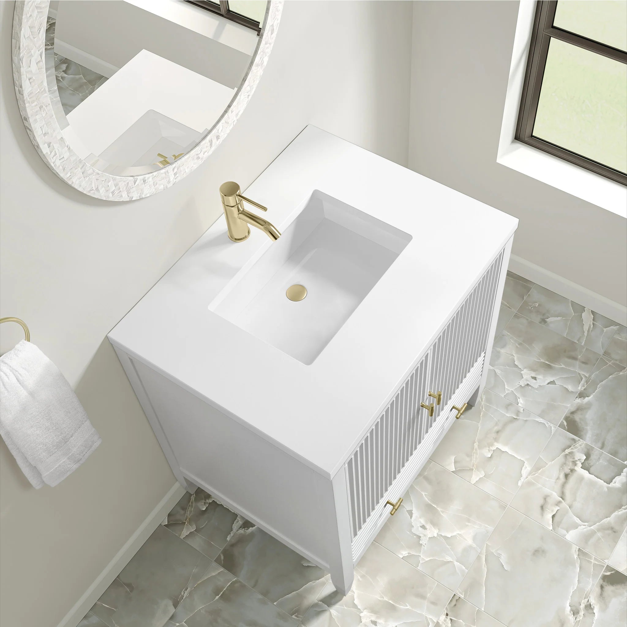 30" Myrrin Single Vanity in Bright White by James Martin Vanities-White Zeus Silestone & Backsplash 9