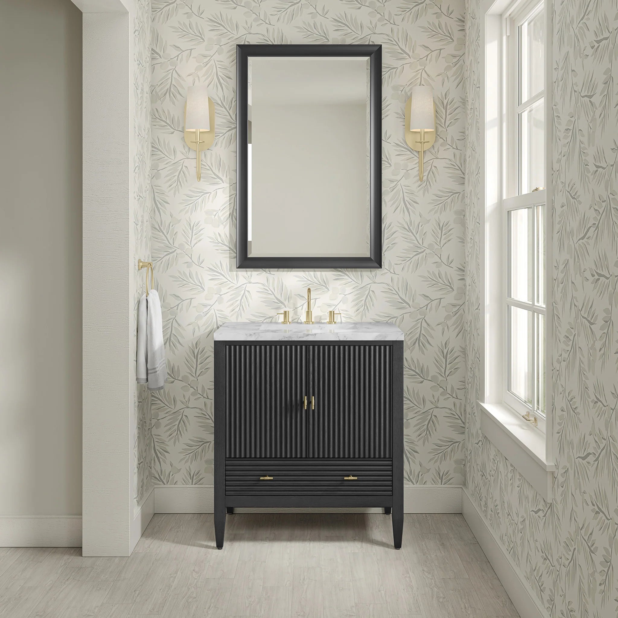 30" Myrrin Single Vanity in Carbon Oak by James Martin Vanities-Carrara White Marble 1