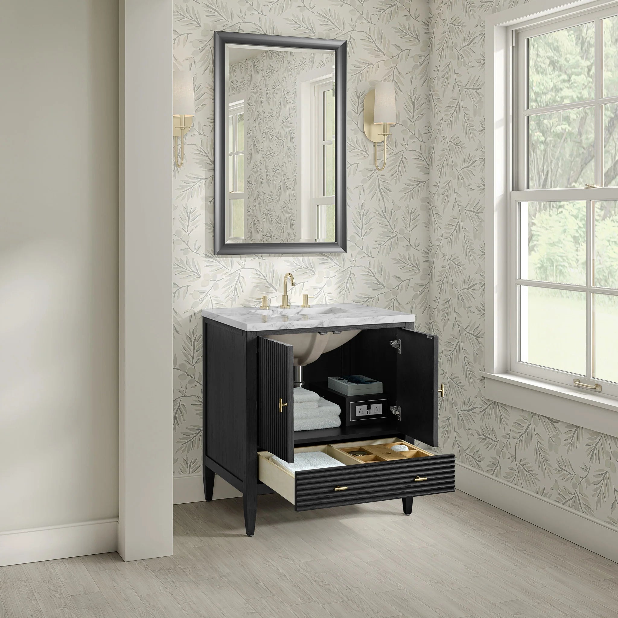 30" Myrrin Single Vanity in Carbon Oak by James Martin Vanities-Carrara White Marble 3