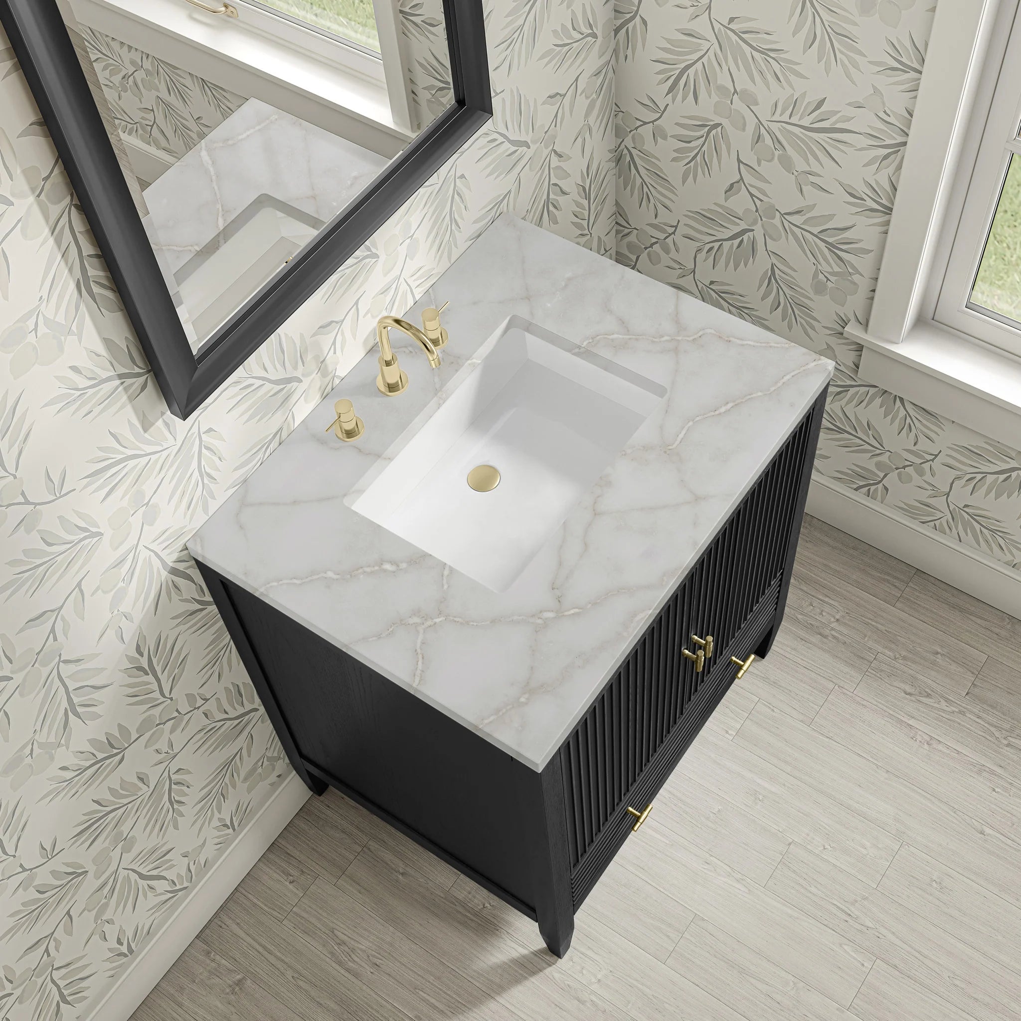 30" Myrrin Single Vanity in Carbon Oak by James Martin Vanities-Victorian Silver Silestone 5