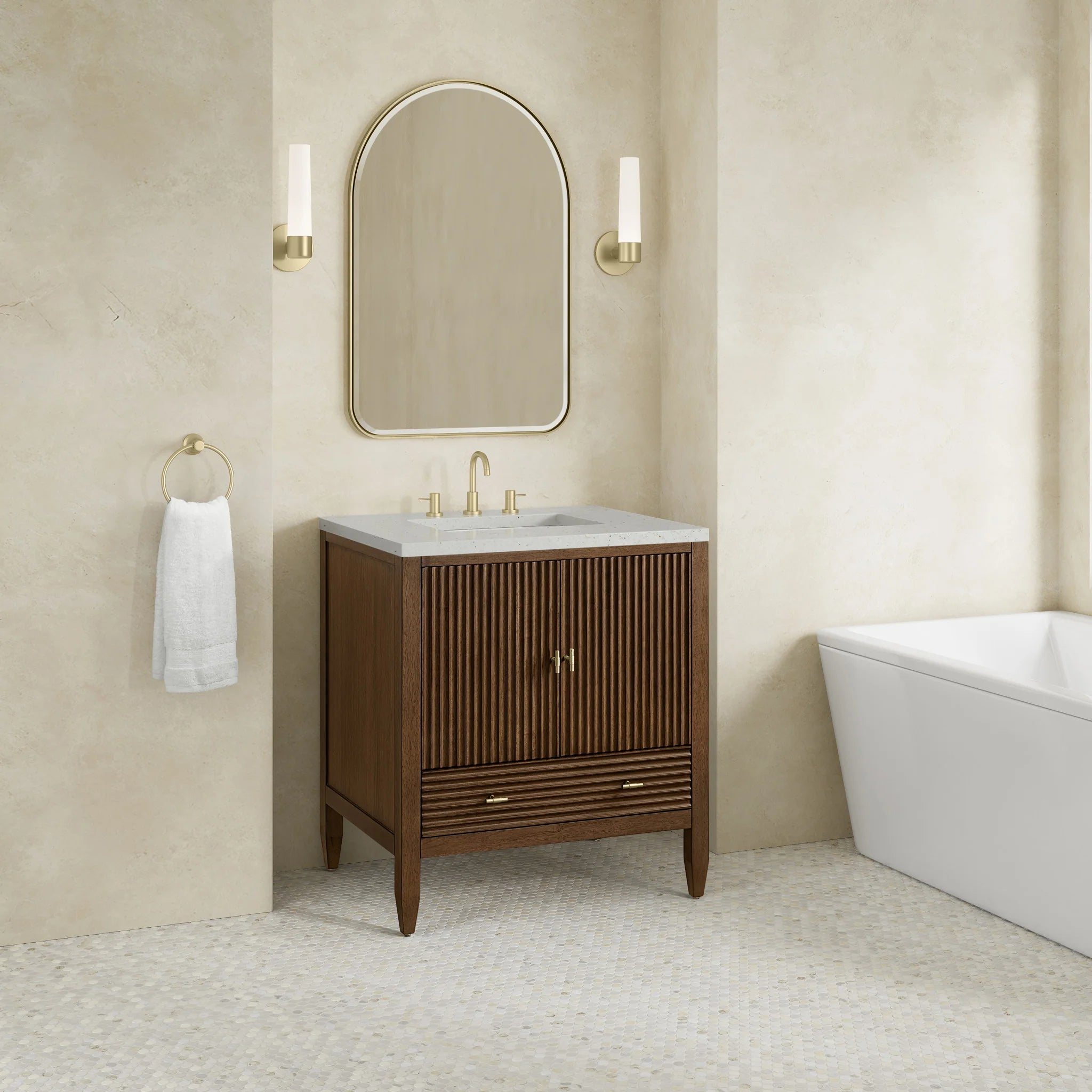 30" Myrrin Single Vanity in Mid-Century Walnut by James Martin Vanities-Lime Delight Silestone 2