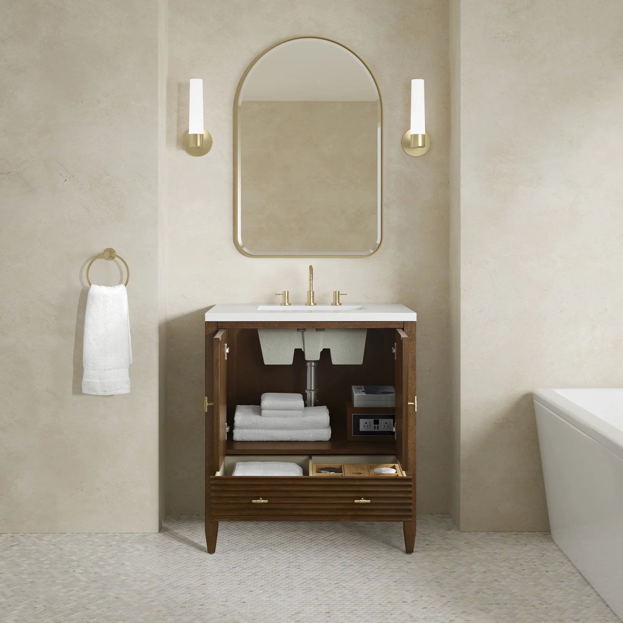 30" Myrrin Single Vanity in Mid-Century Walnut by James Martin Vanities-White Zeus Silestone 7