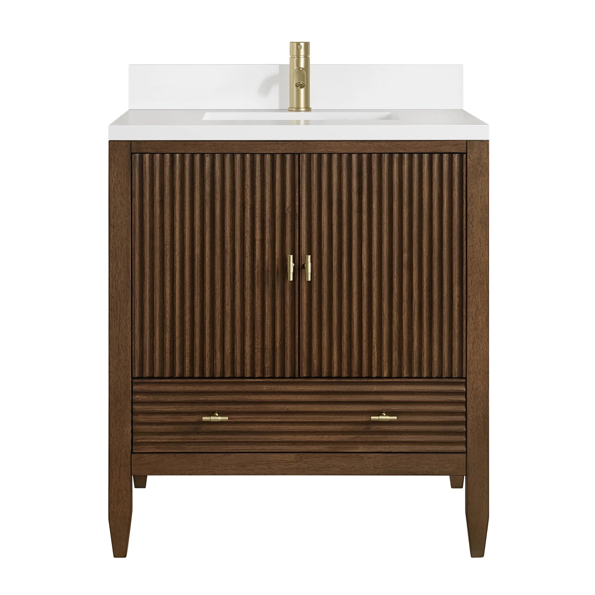 30" Myrrin Single Vanity in Mid-Century Walnut by James Martin Vanities-White Zeus Silestone & Backsplash 1