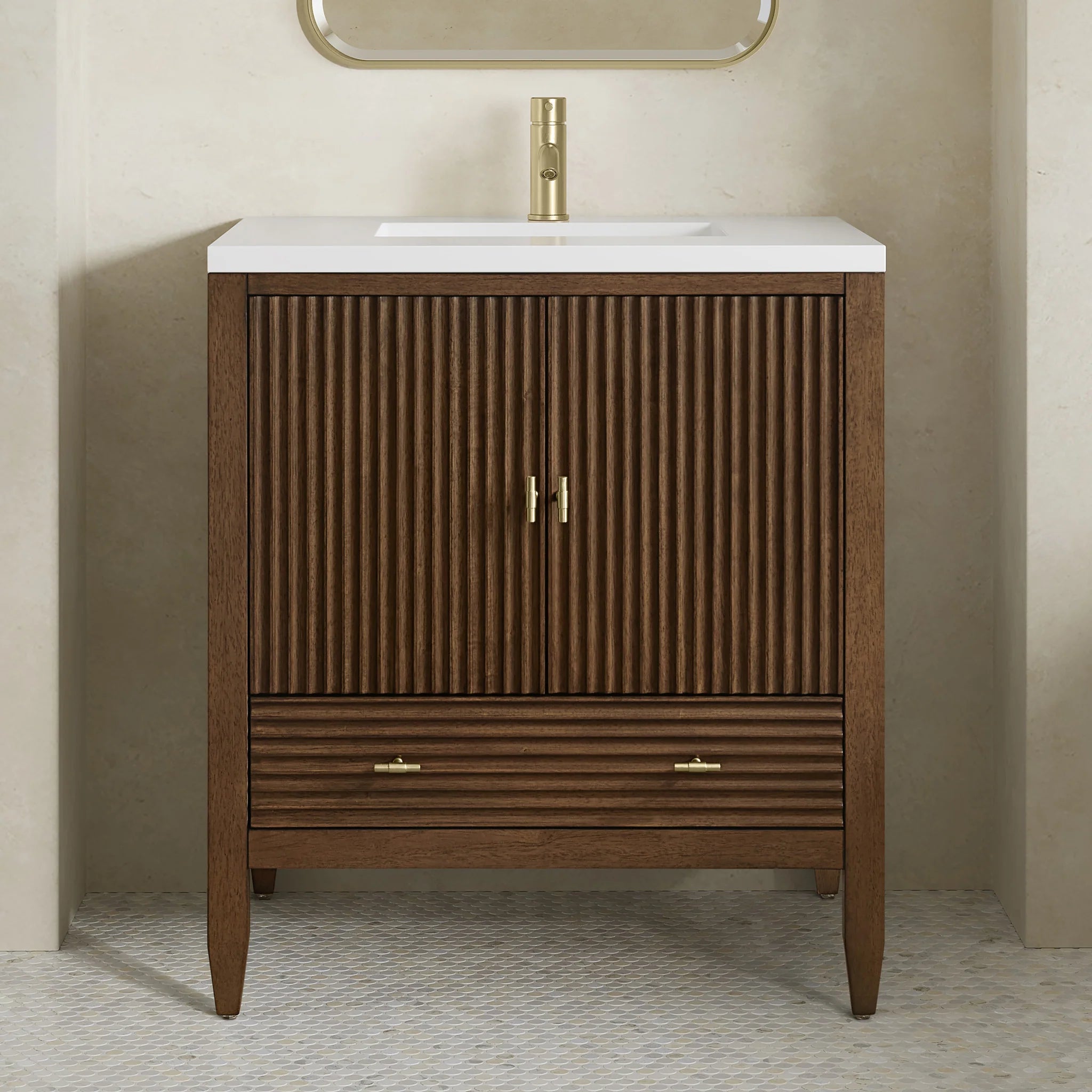 30" Myrrin Single Vanity in Mid-Century Walnut by James Martin Vanities-White Zeus Silestone & Backsplash 3