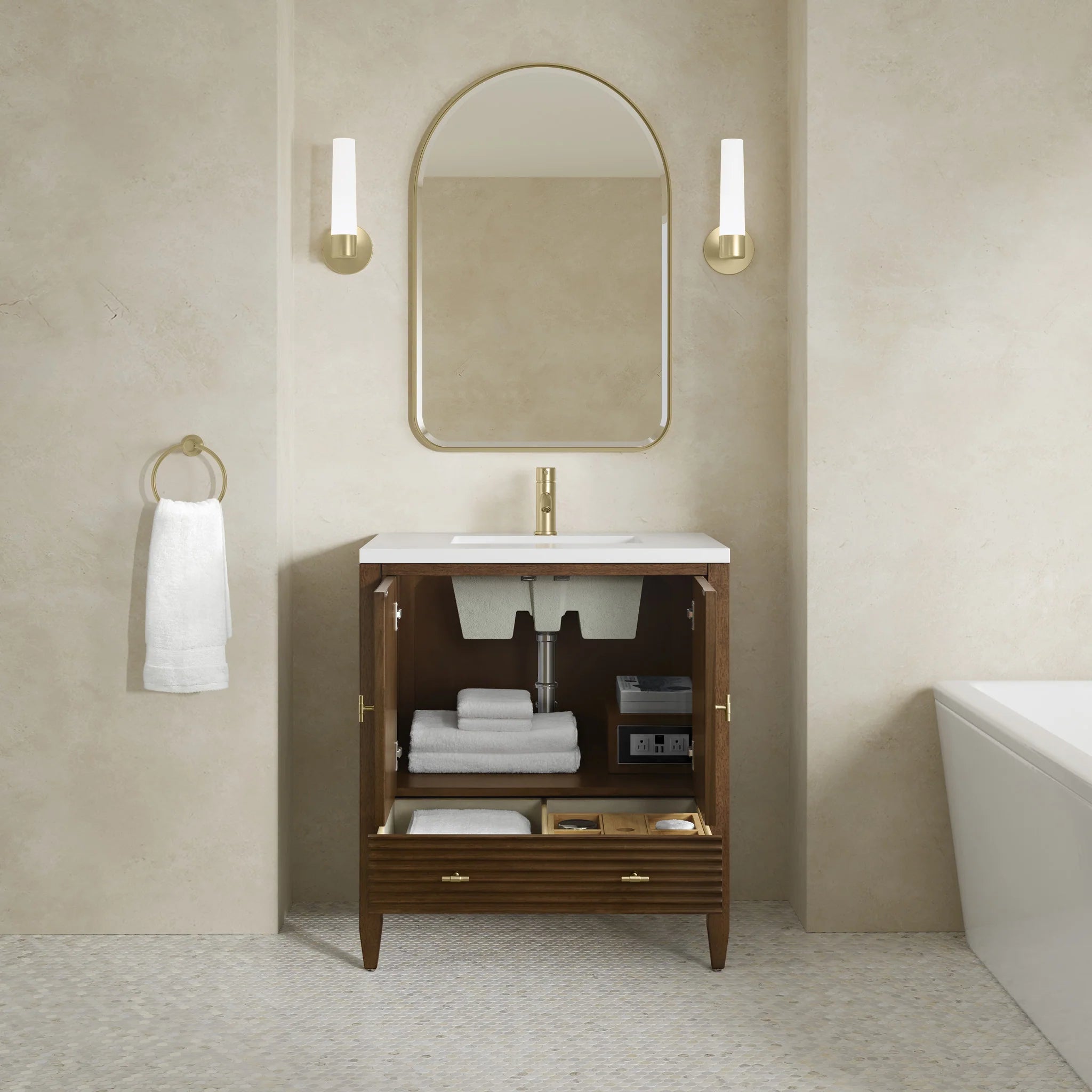 30" Myrrin Single Vanity in Mid-Century Walnut by James Martin Vanities-White Zeus Silestone & Backsplash 7
