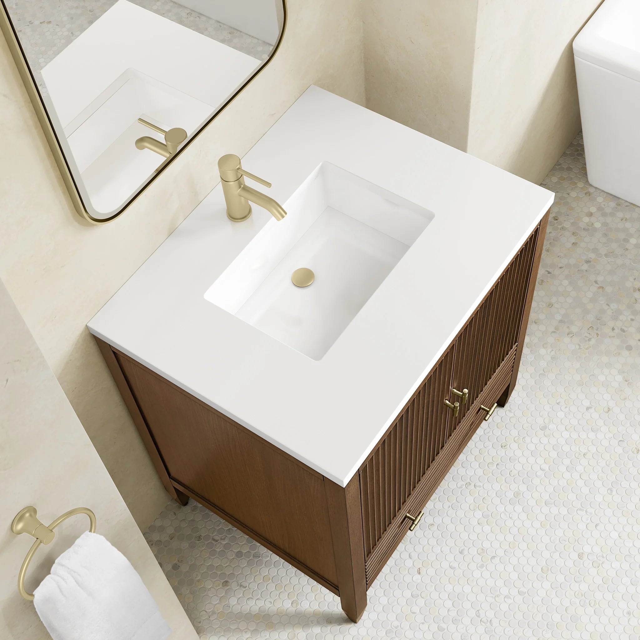 30" Myrrin Single Vanity in Mid-Century Walnut by James Martin Vanities-White Zeus Silestone & Backsplash 9