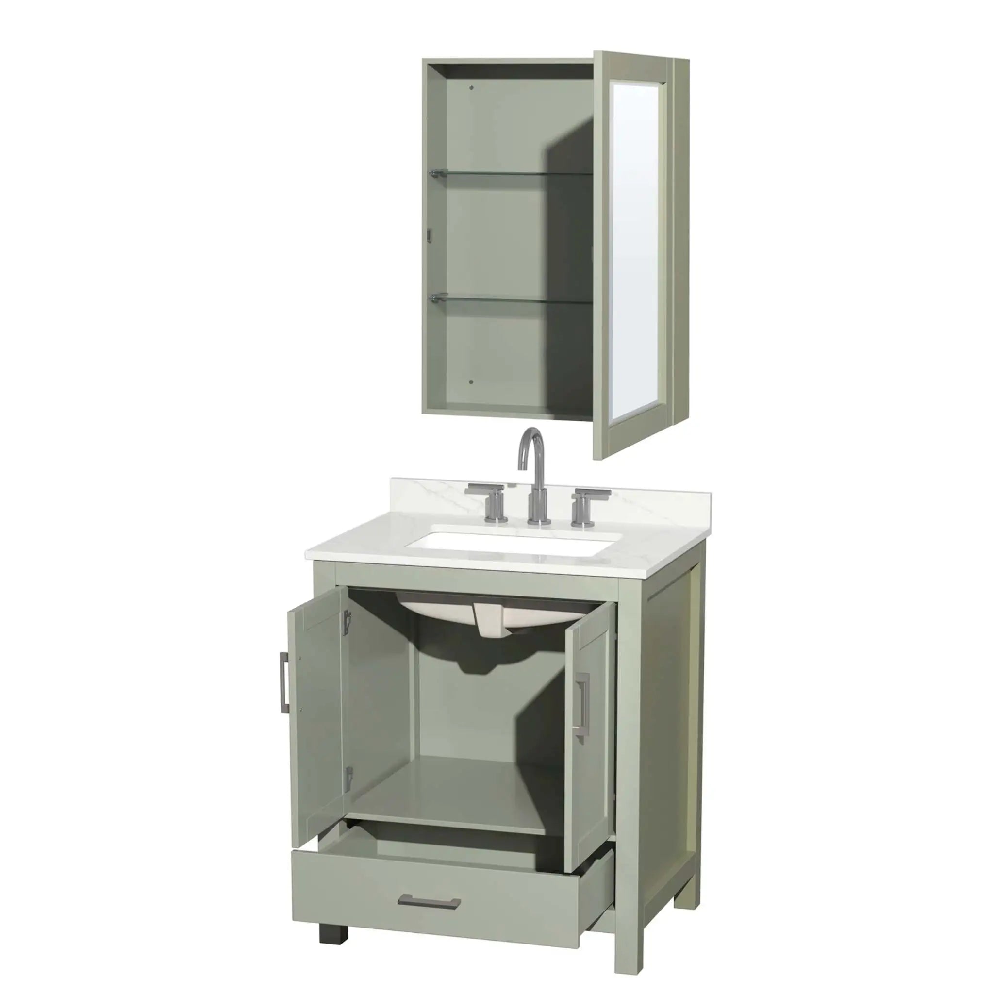 30" Sheffield 30 inch Single Bathroom Vanity in Light Green with Brushed Nickel Trim & Medicine Cabinet by Wyndham