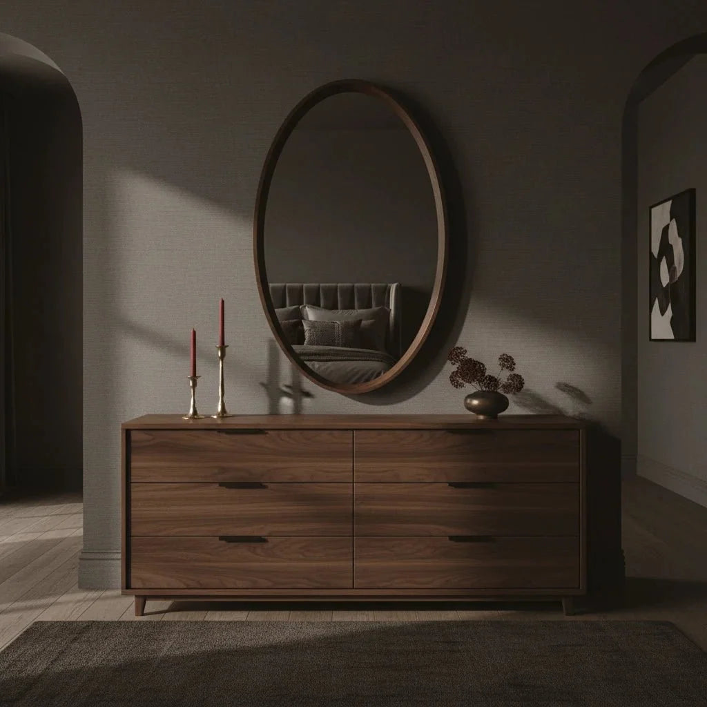 Wooden dresser with round mirror in a dimly lit room