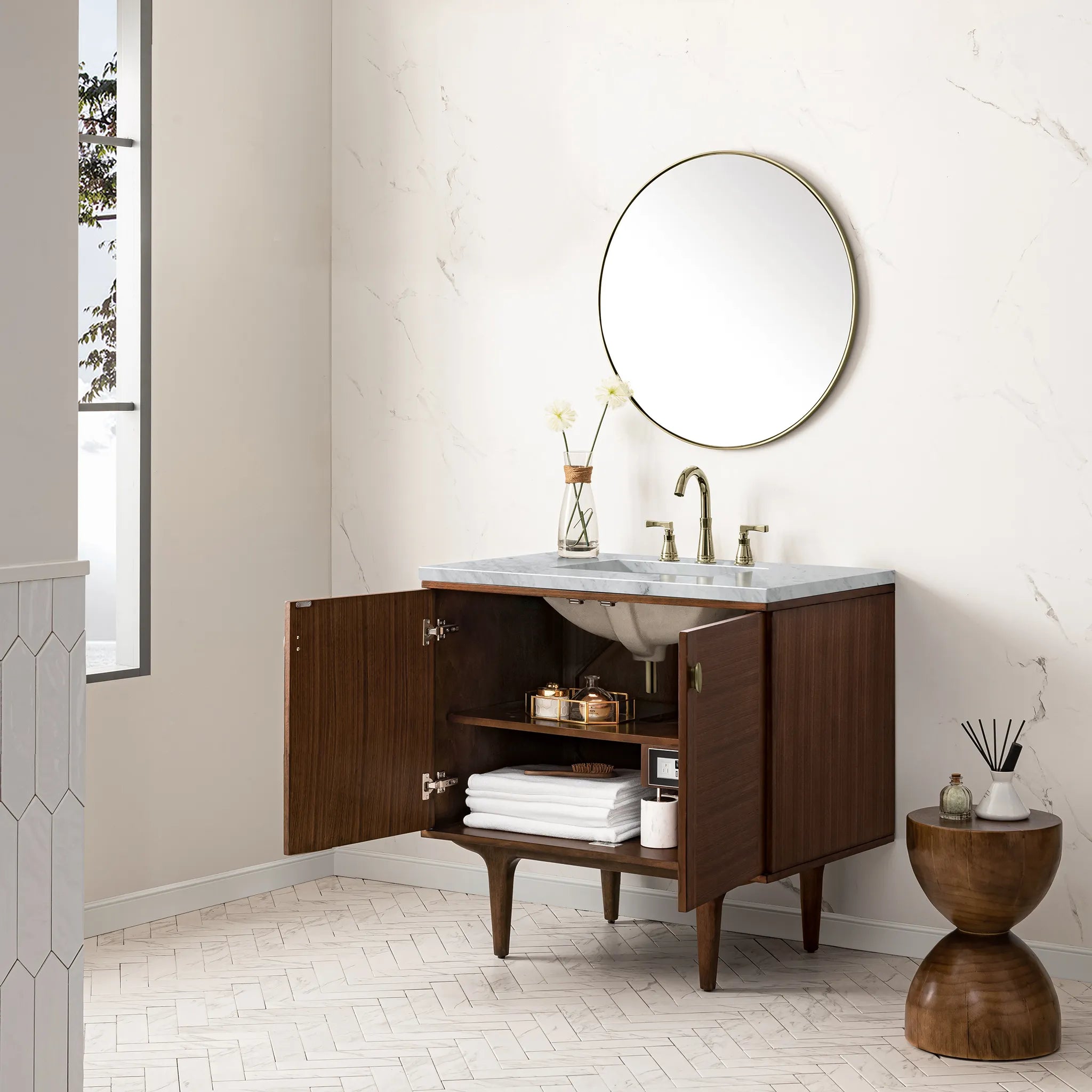 36" Amberly Single Vanity in Mid-Century Walnut-Carrara White Marble-8" Widespread image 6