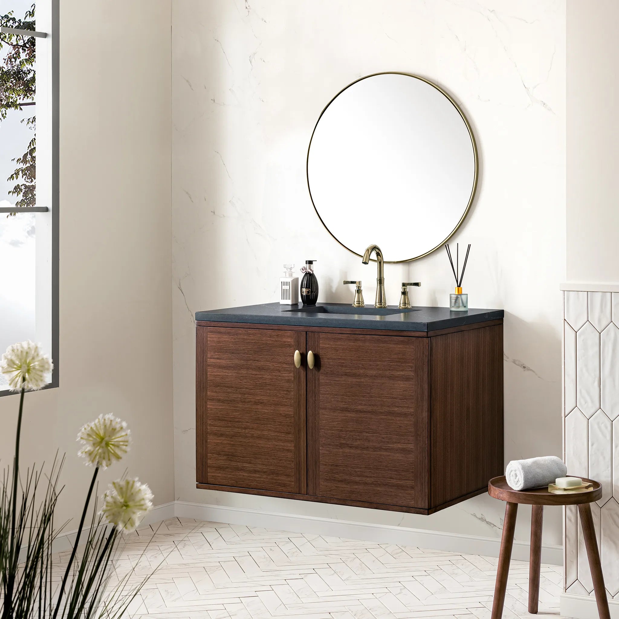 36" Amberly Single Vanity in Mid-Century Walnut-Charcoal Soapstone Silestone-8" Widespread image 5