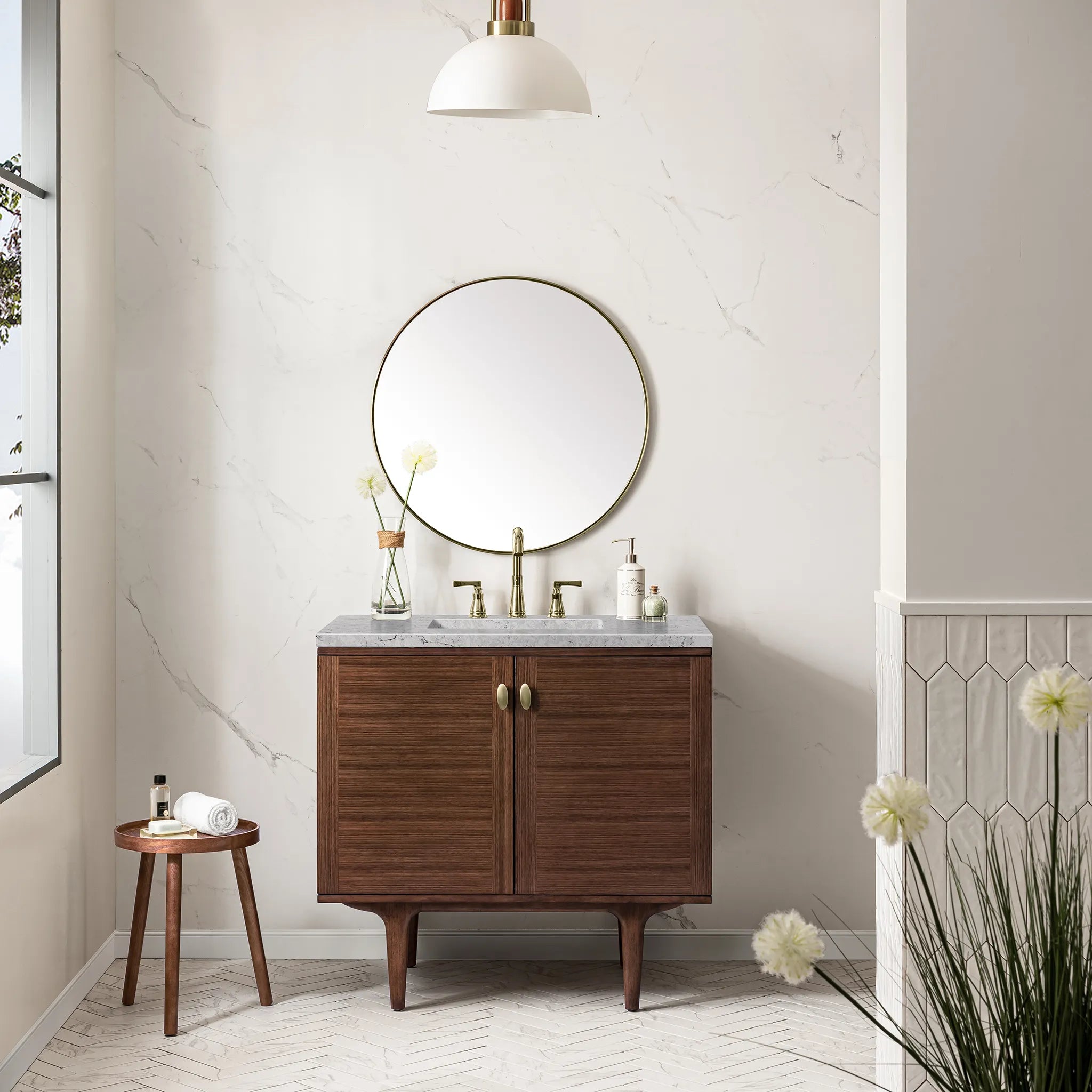 36" Amberly Single Vanity in Mid-Century Walnut-Eternal Jasmine Pearl Silestone-8" Widespread image 2