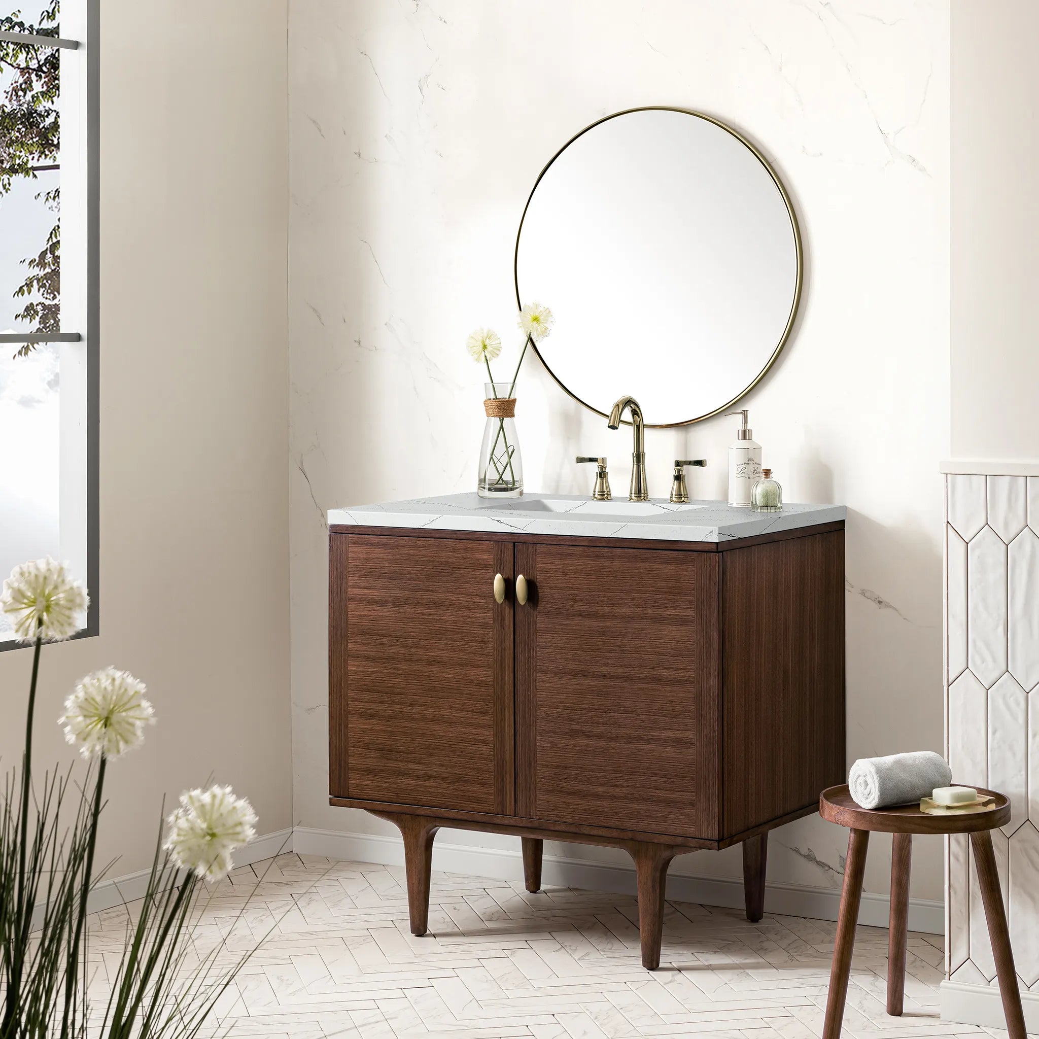 36" Amberly Single Vanity in Mid-Century Walnut-Ethereal Noctis Silestone-8" Widespread image 4