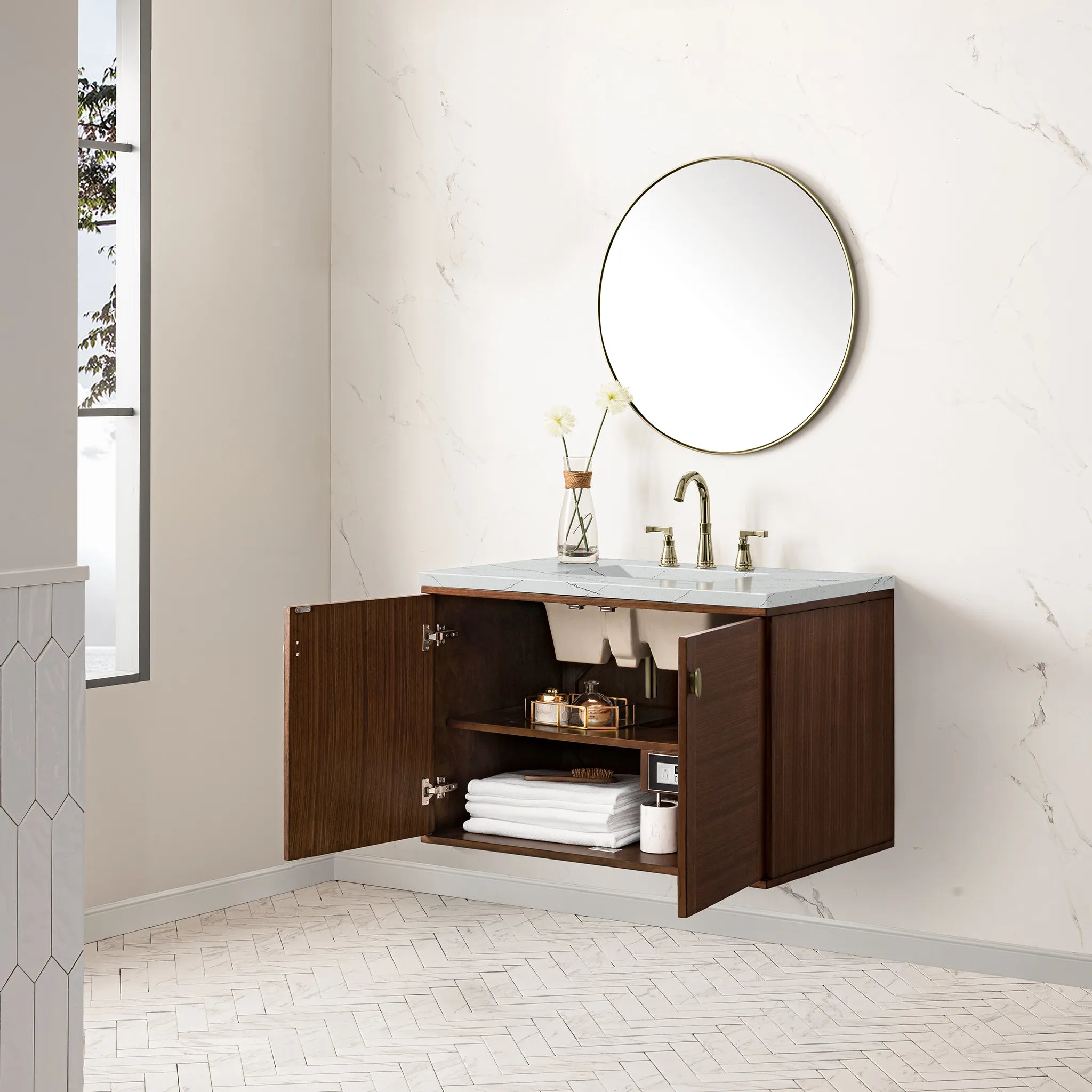 36" Amberly Single Vanity in Mid-Century Walnut-Ethereal Noctis Silestone-8" Widespread image 7