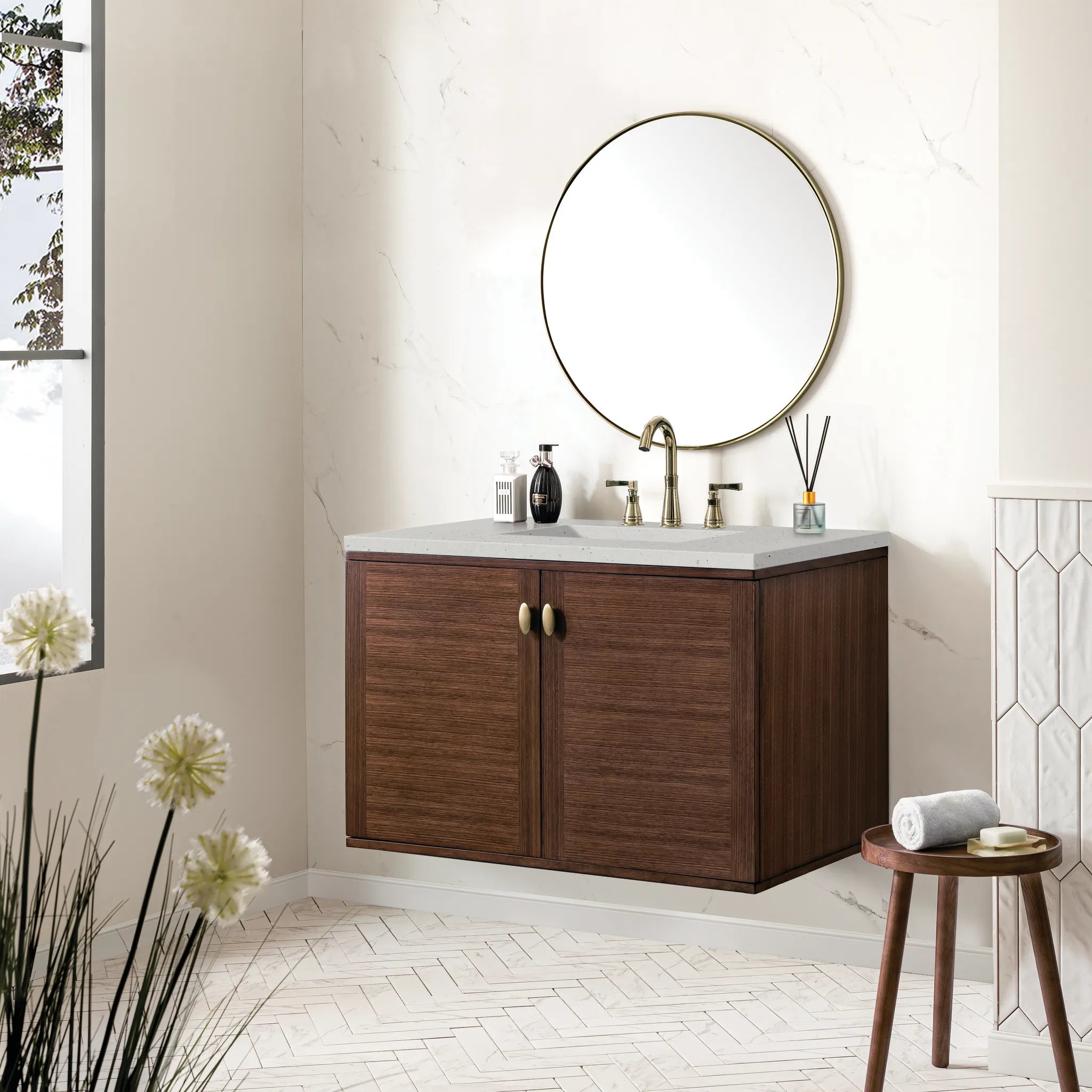 36" Amberly Single Vanity in Mid-Century Walnut-Lime Delight Silestone-8" Widespread image 5