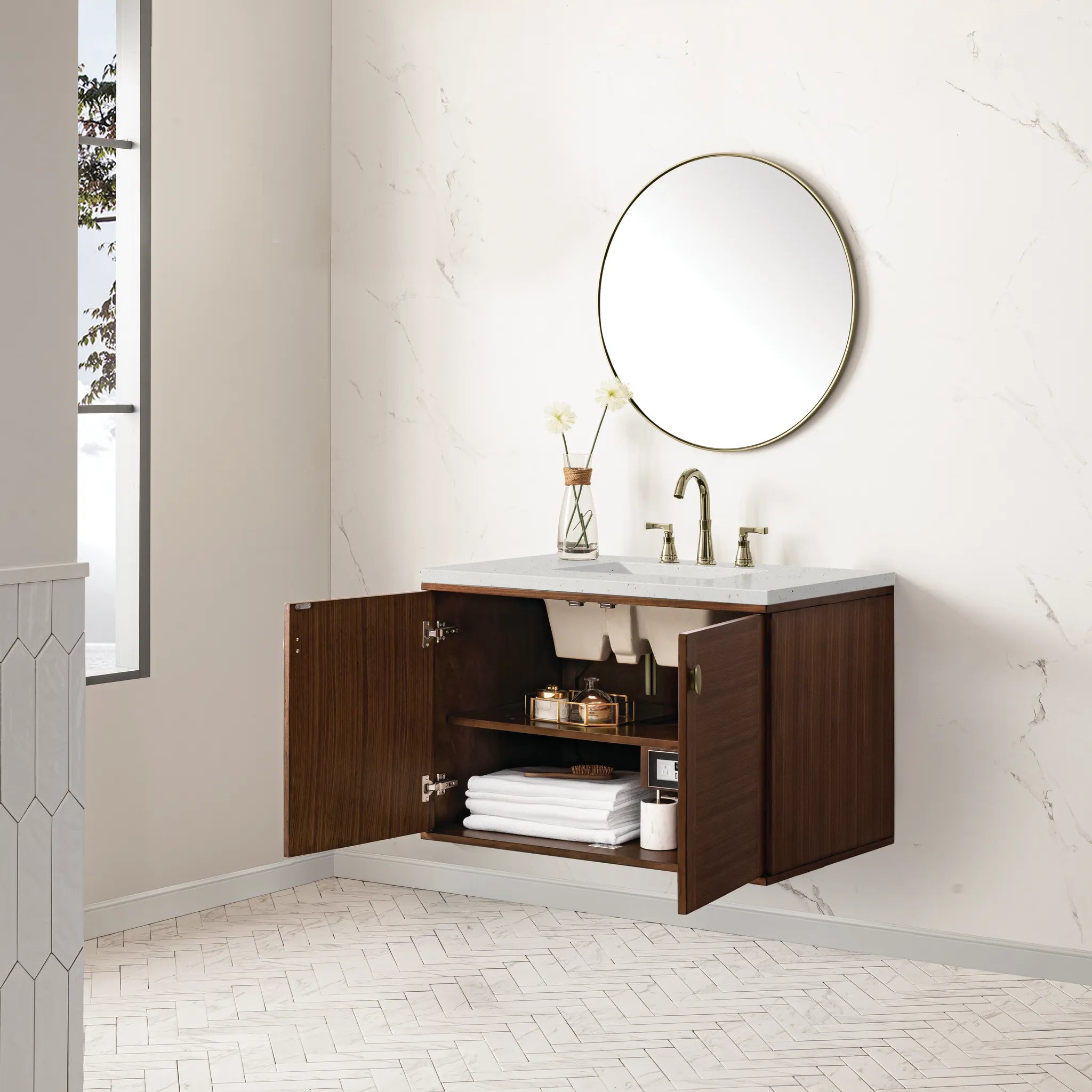 36" Amberly Single Vanity in Mid-Century Walnut-Lime Delight Silestone-8" Widespread image 7