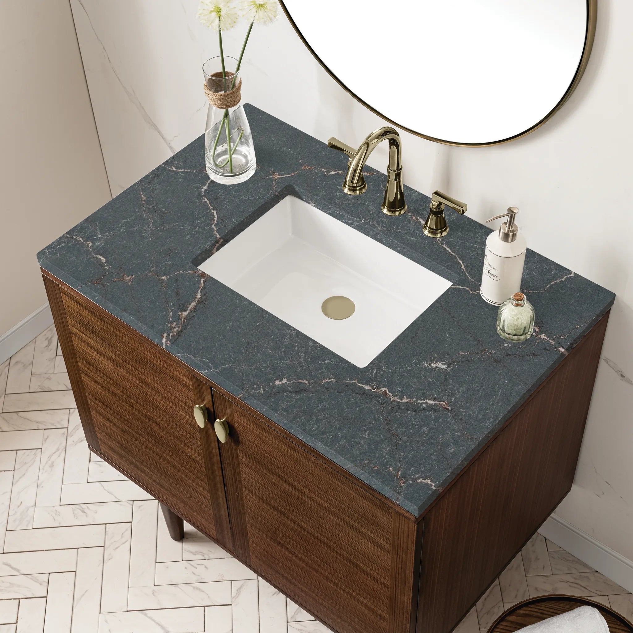 36" Amberly Single Vanity in Mid-Century Walnut-Parisien Bleu Silestone-8" Widespread image 8