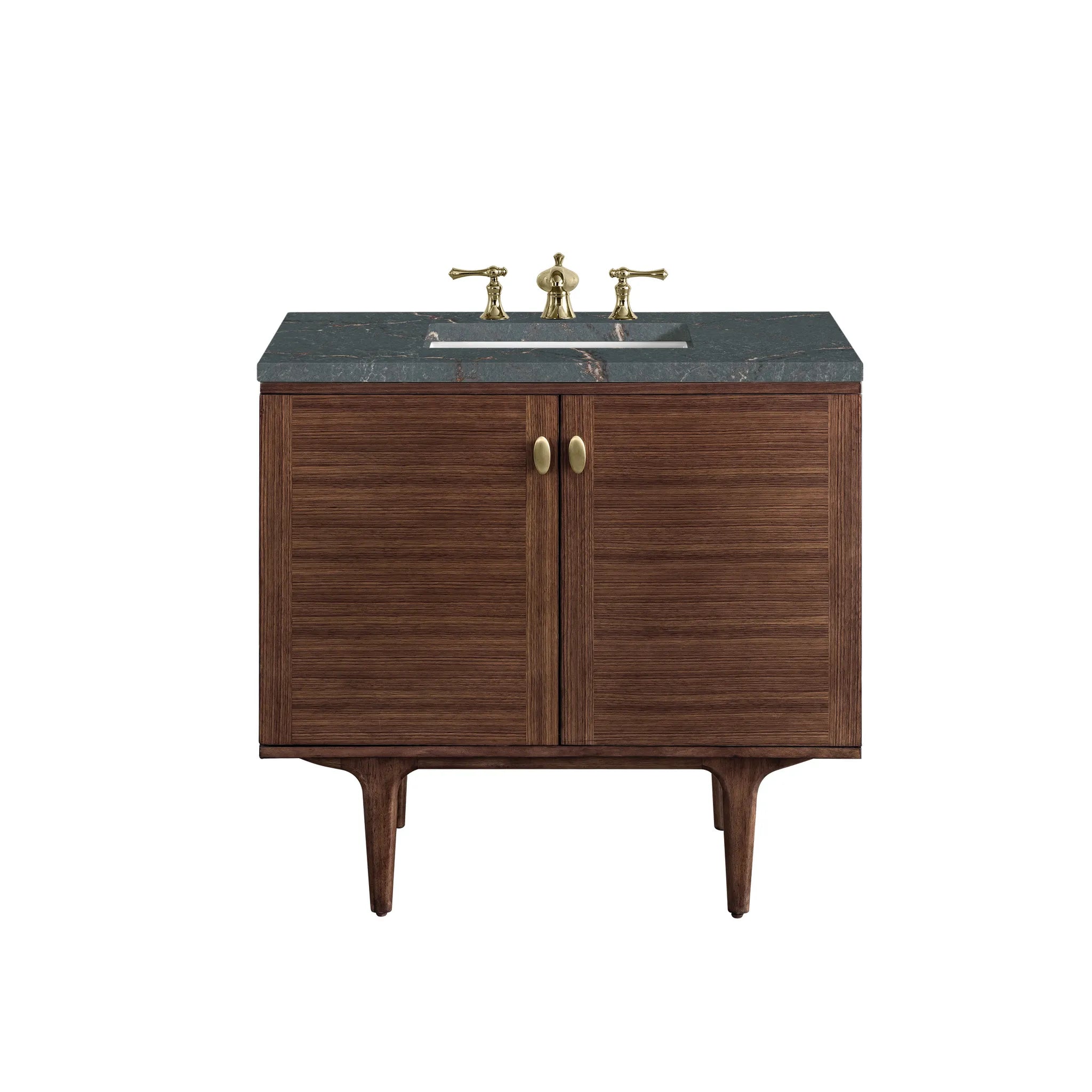 36" Amberly Single Vanity in Mid-Century Walnut-Parisien Bleu Silestone-8" Widespread image
