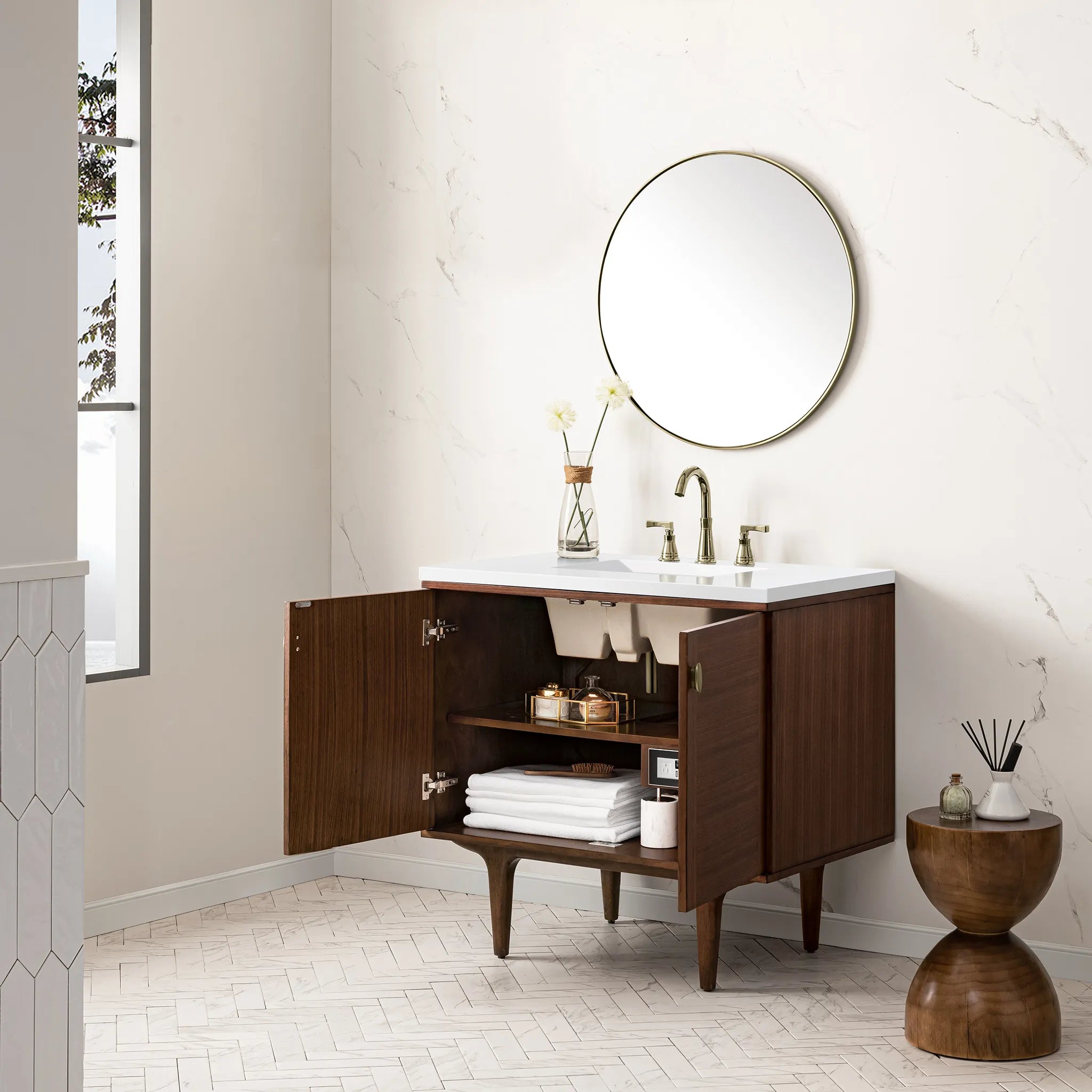36" Amberly Single Vanity in Mid-Century Walnut-White Zeus Silestone-8" Widespread image 7