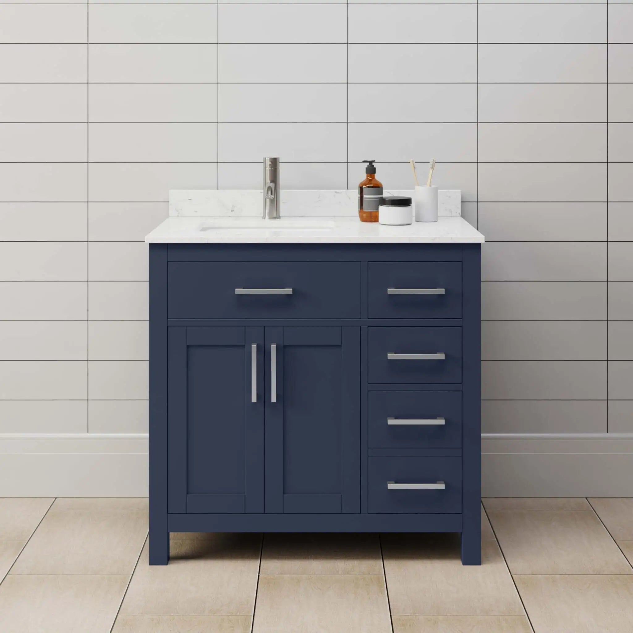36" Beckett Single Bathroom Vanity in Dark Blue with Brushed Nickel Trim by Wyndham