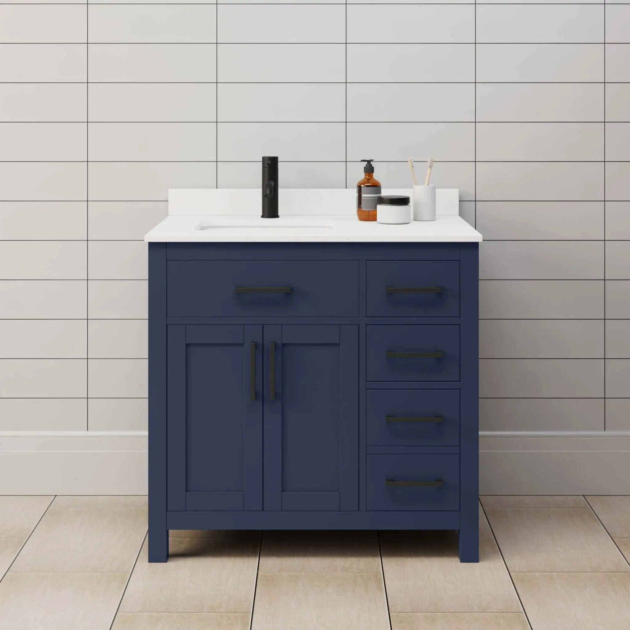 36" Beckett Single Bathroom Vanity in Dark Blue with Matte Black Trim by Wyndham