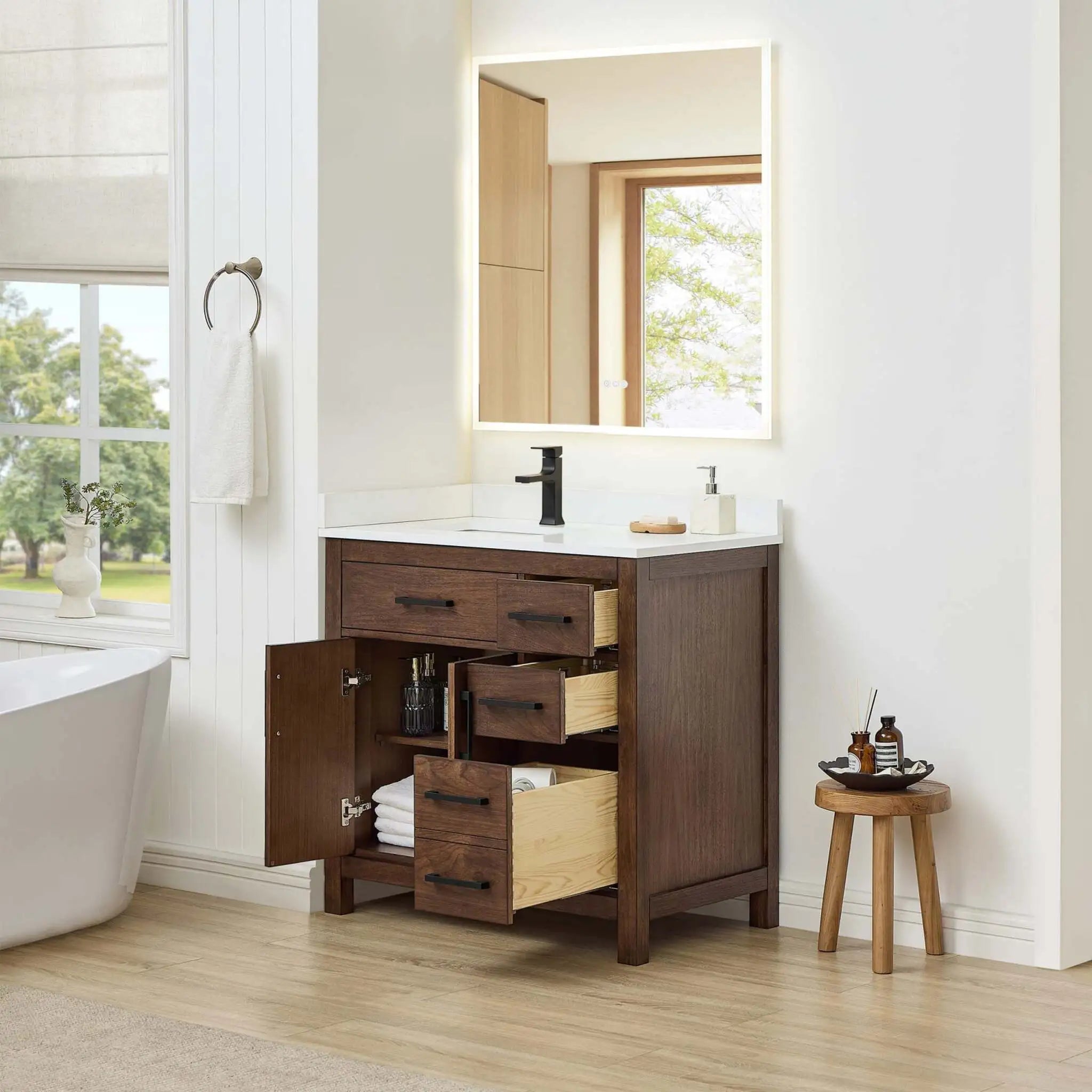 36" Beckett Single Bathroom Vanity in Dark Walnut with Matte Black Trim by Wyndham