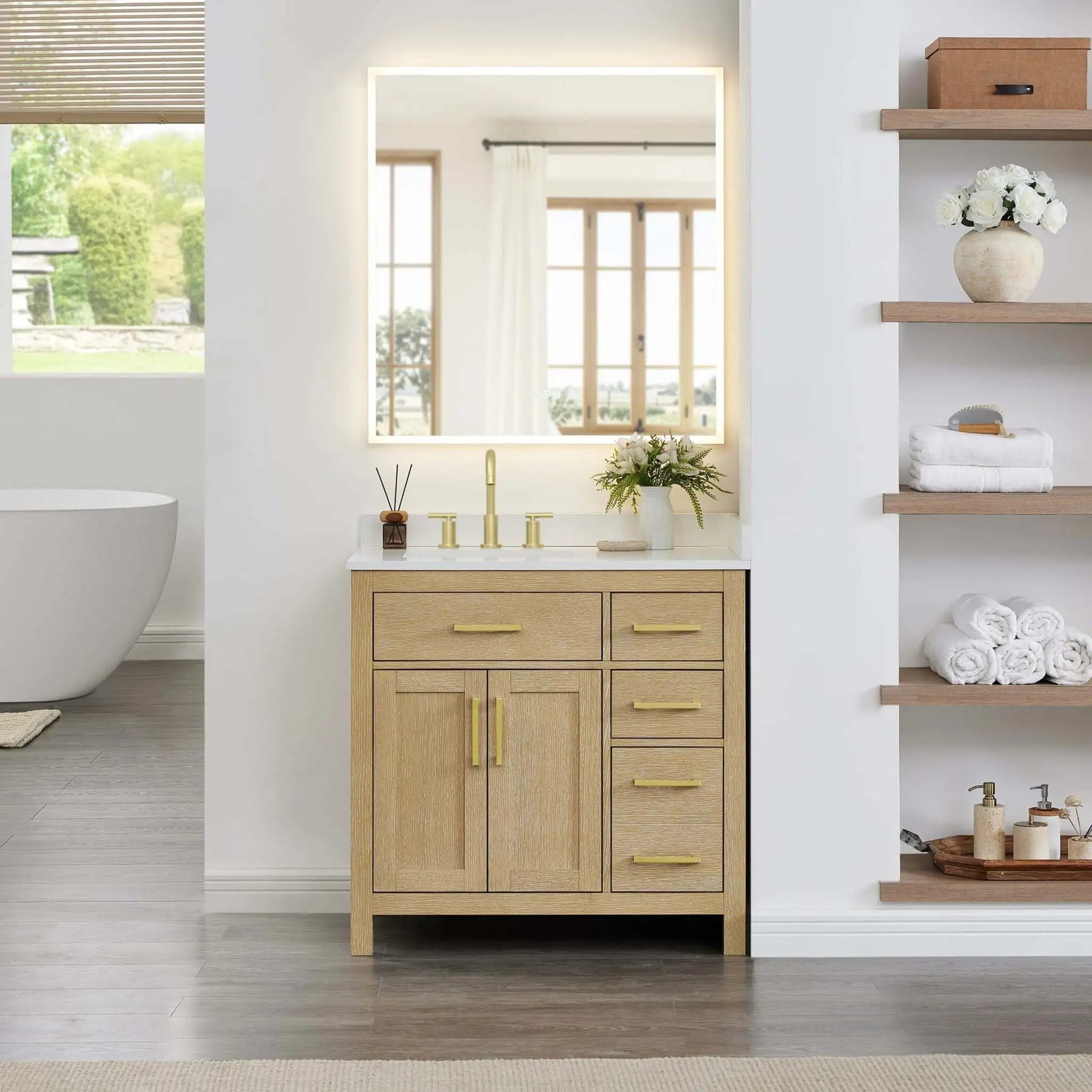 36" Beckett Single Bathroom Vanity in Whitewashed Oak with Brushed Gold Trim by Wyndham