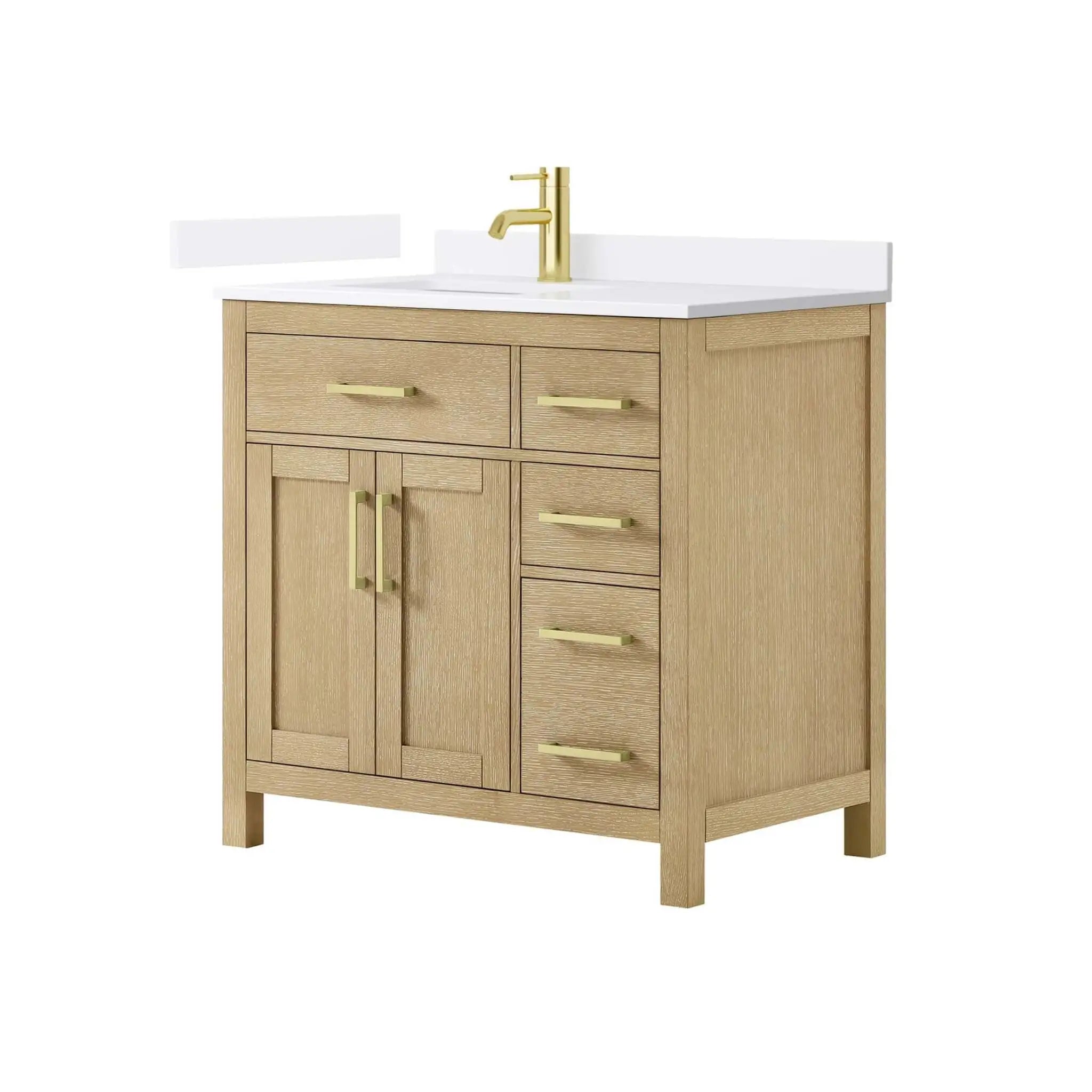 36" Beckett Single Bathroom Vanity in Whitewashed Oak with Brushed Gold Trim by Wyndham