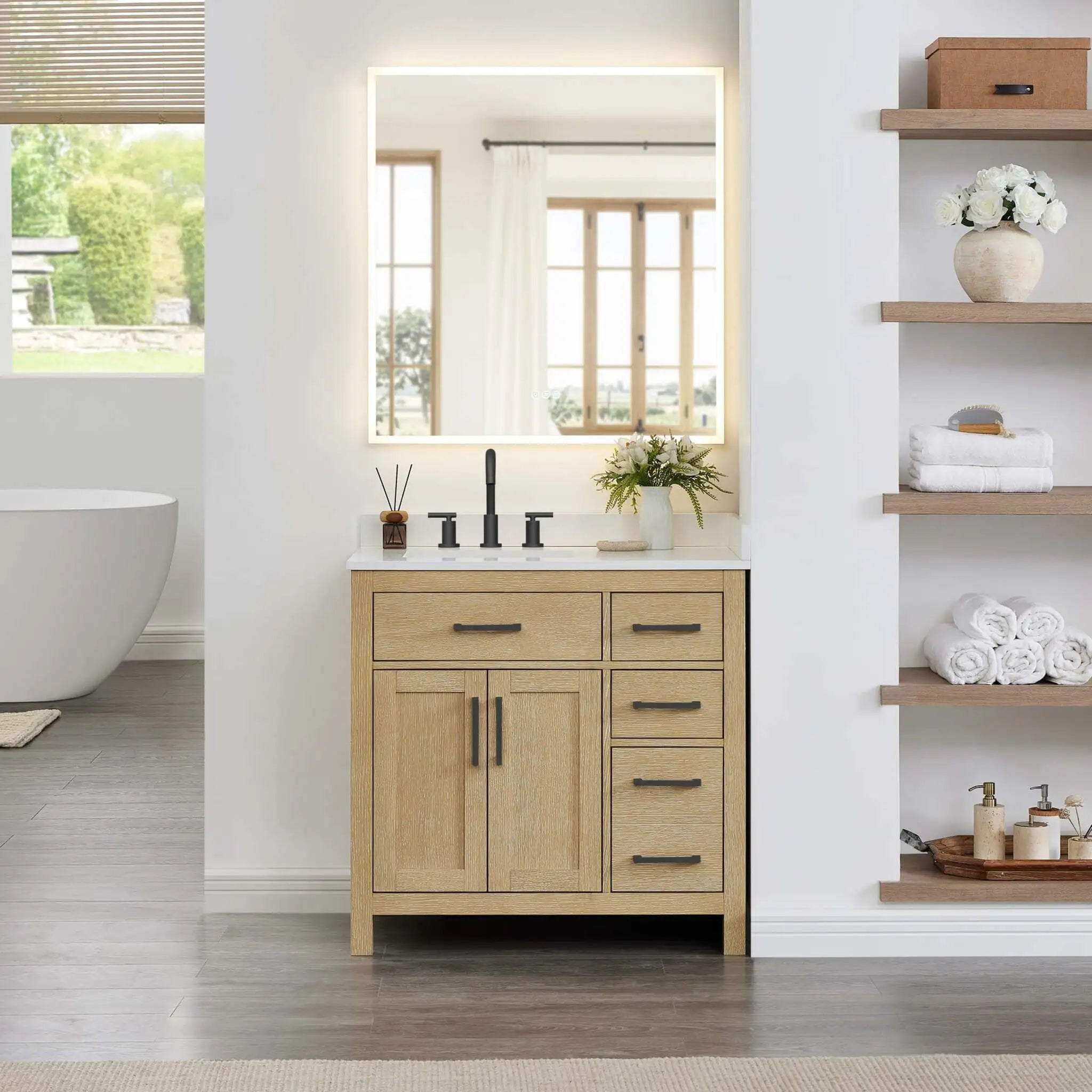 36" Beckett Single Bathroom Vanity in Whitewashed Oak with Matte Black Trim by Wyndham