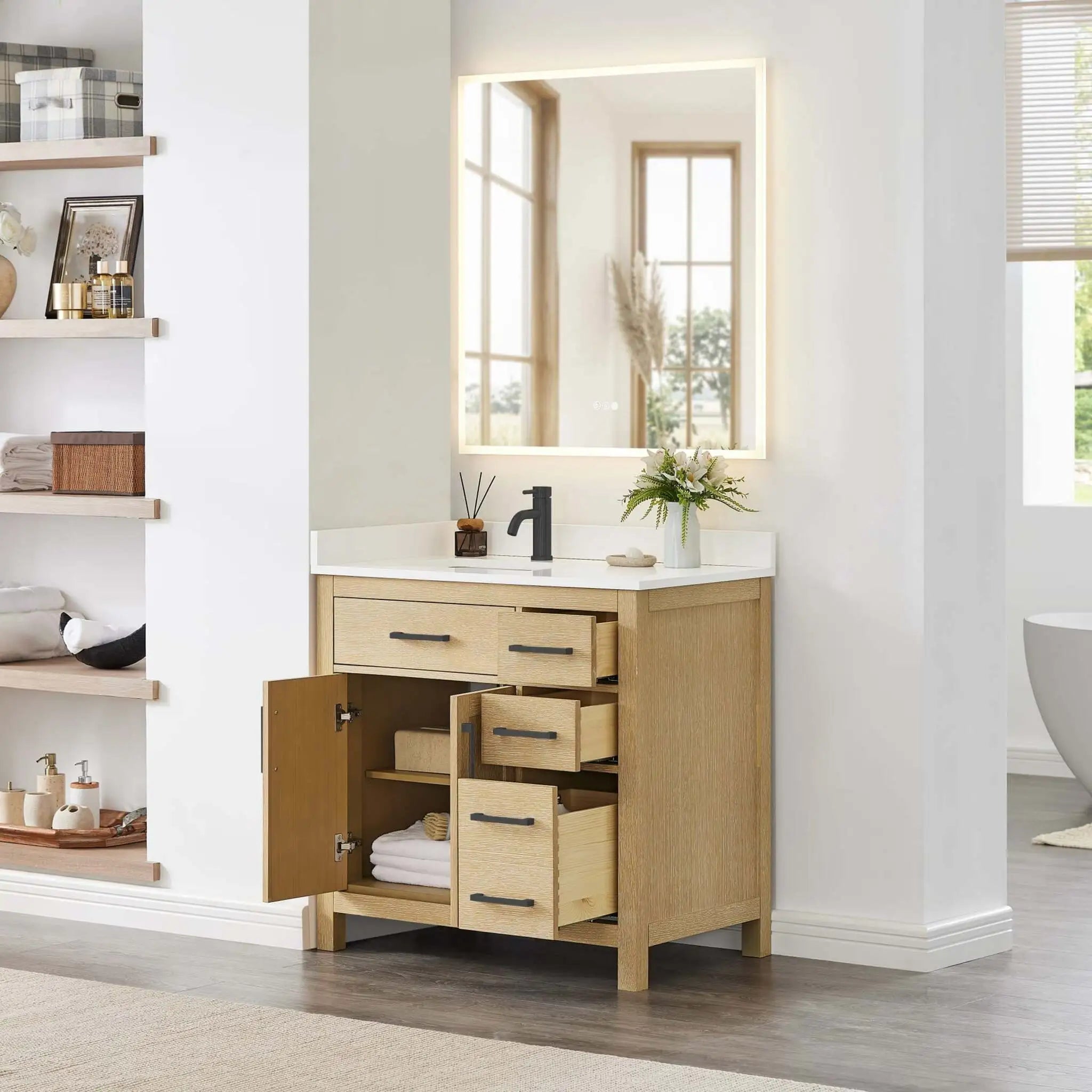 36" Beckett Single Bathroom Vanity in Whitewashed Oak with Matte Black Trim by Wyndham