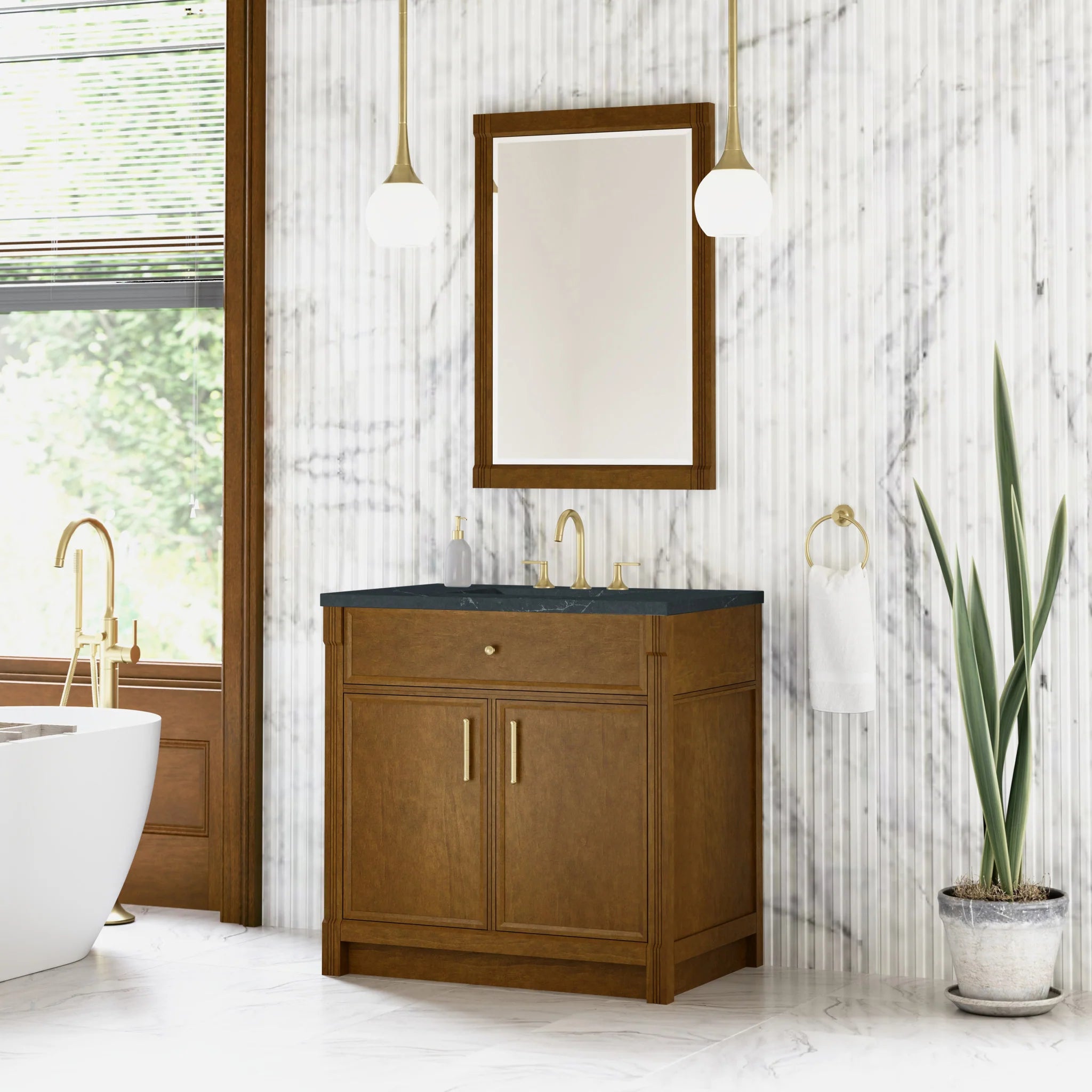 36" Bellshire Single Vanity in Honey Oak by James Martin Vanities-Charcoal Soapstone Silestone 2
