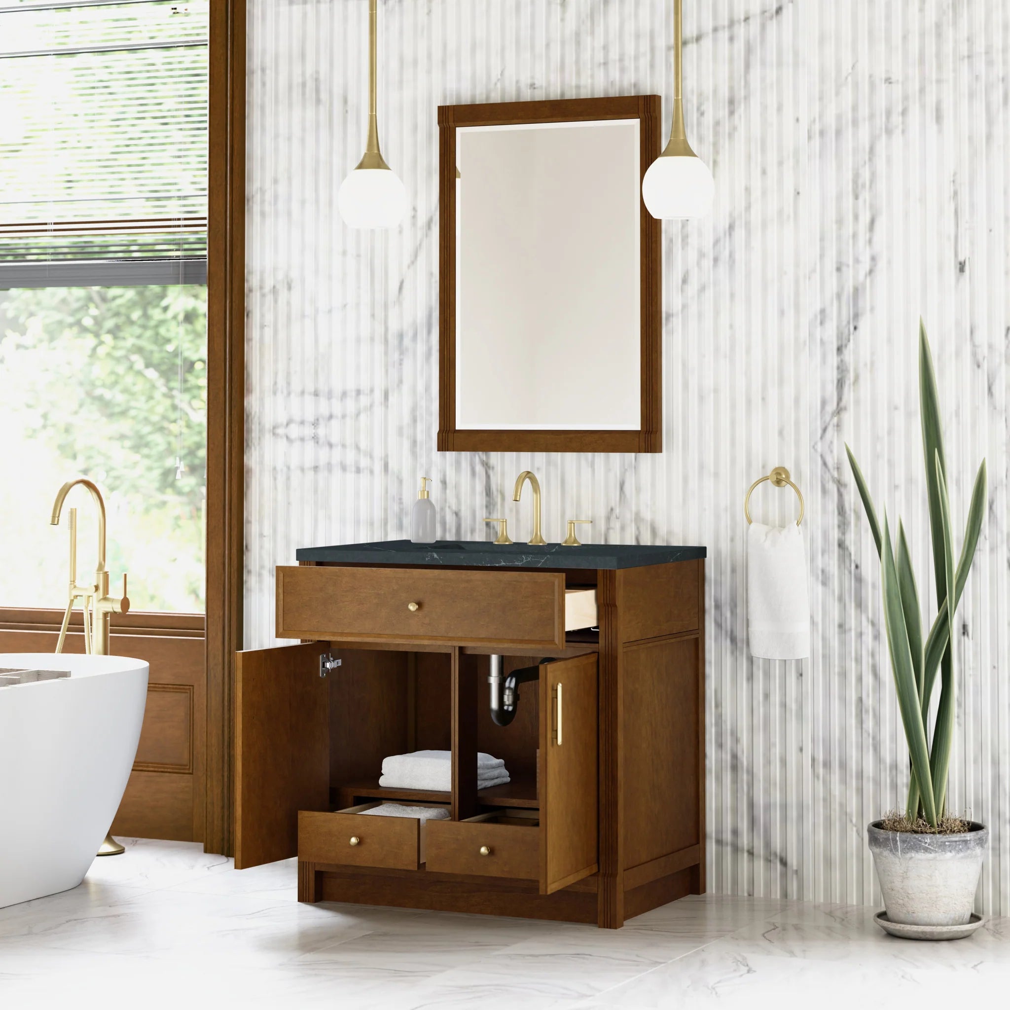 36" Bellshire Single Vanity in Honey Oak by James Martin Vanities-Charcoal Soapstone Silestone 3