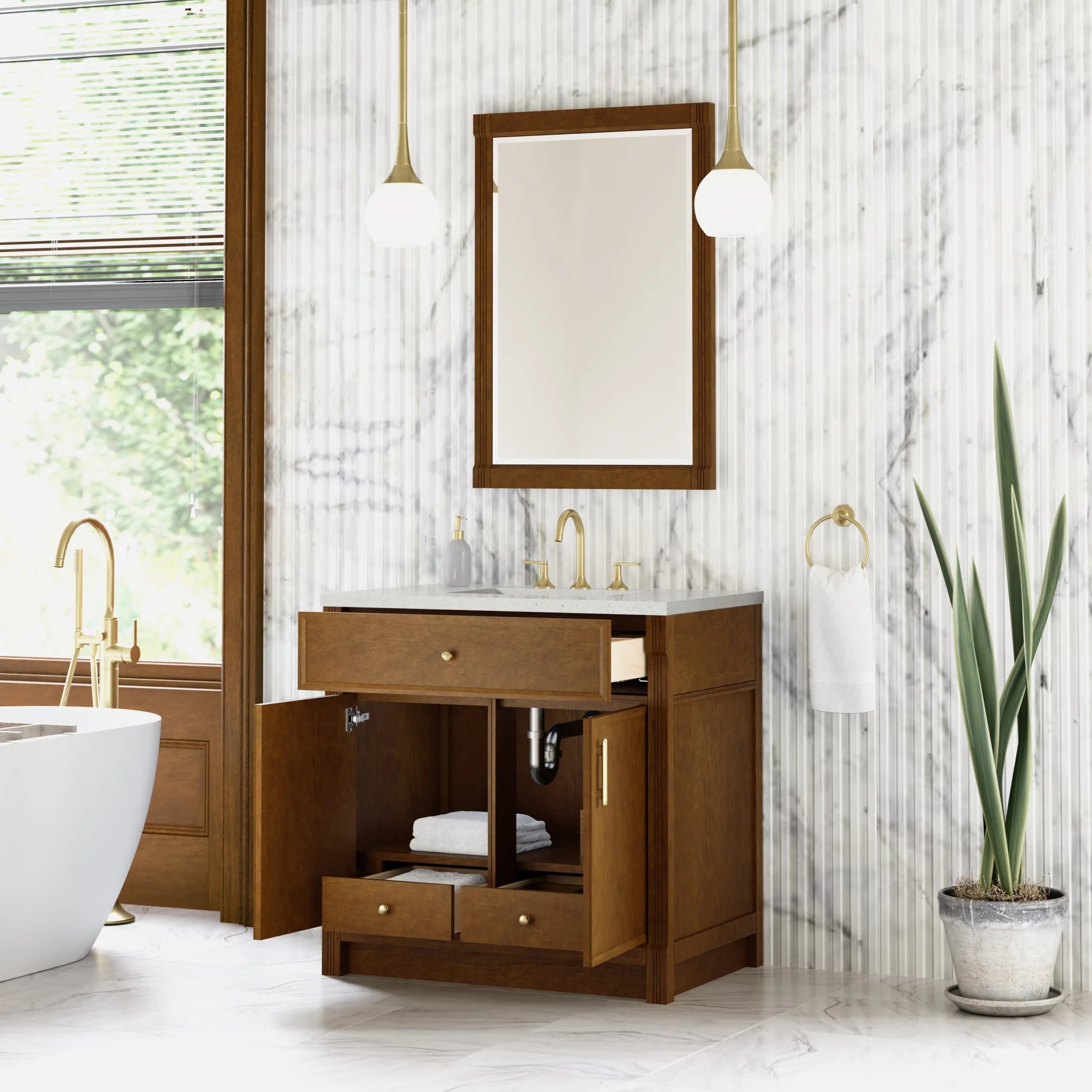 36" Bellshire Single Vanity in Honey Oak by James Martin Vanities-Lime Delight Silestone 3