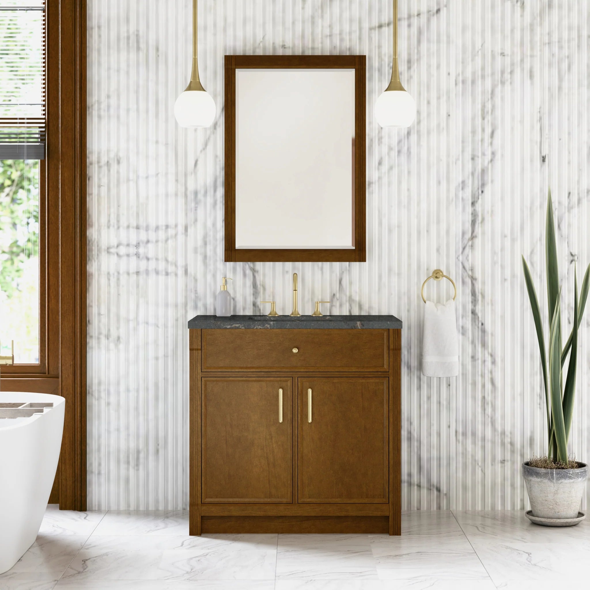 36" Bellshire Single Vanity in Honey Oak by James Martin Vanities-Parisien Bleu Silestone 1