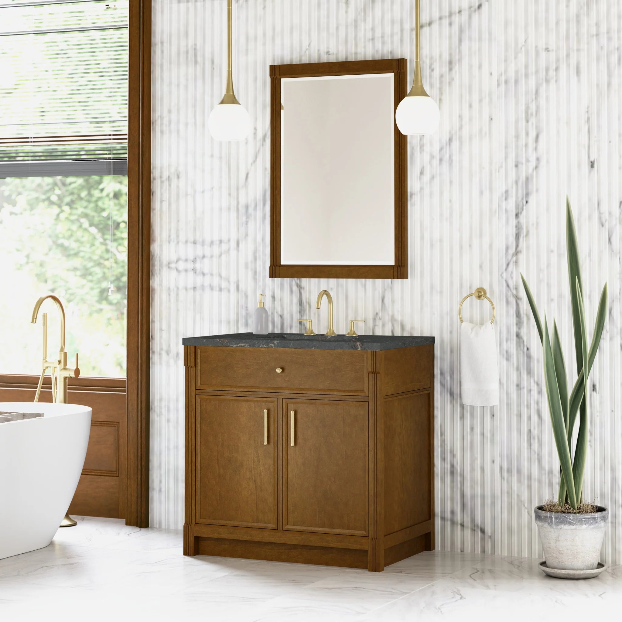 36" Bellshire Single Vanity in Honey Oak by James Martin Vanities-Parisien Bleu Silestone 2