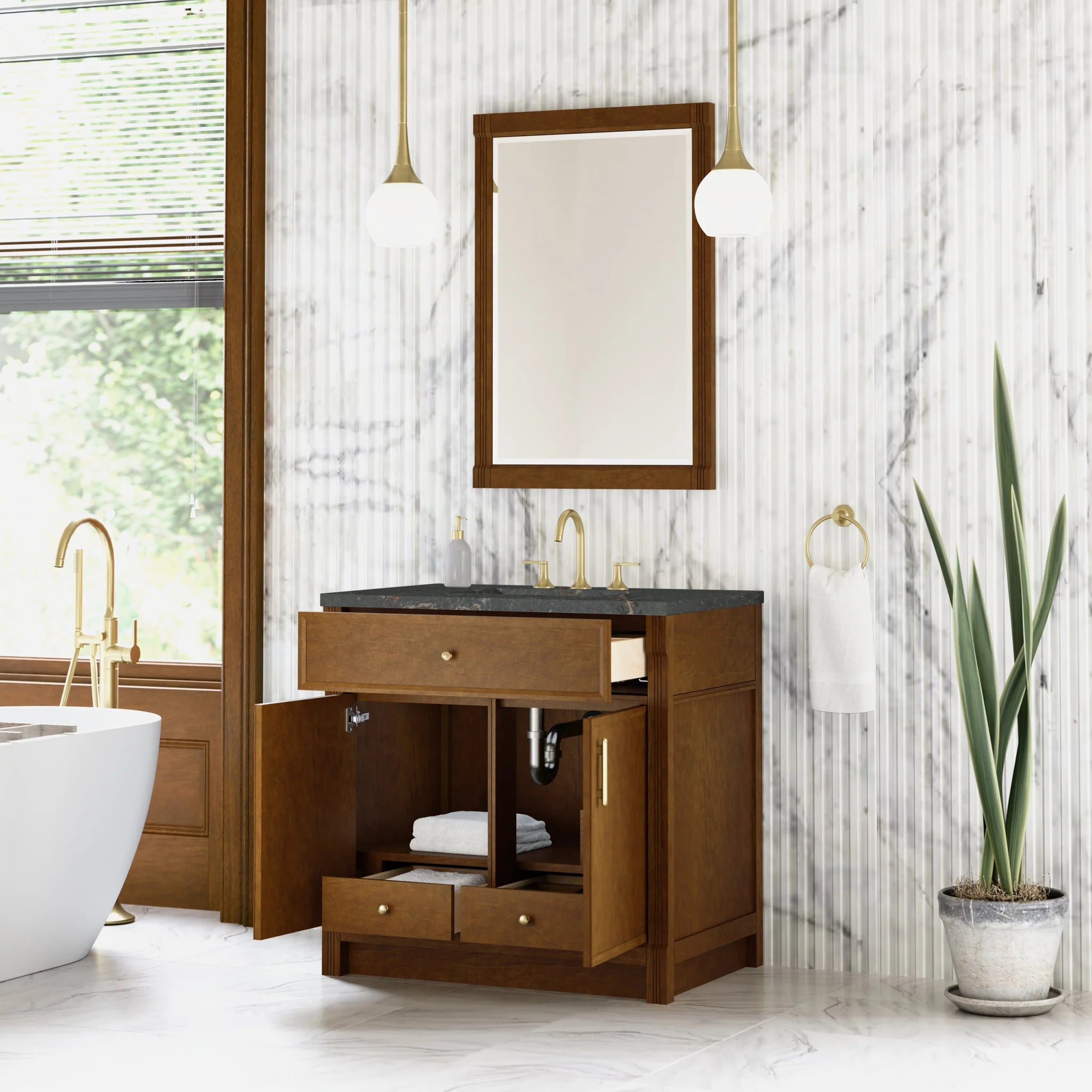 36" Bellshire Single Vanity in Honey Oak by James Martin Vanities-Parisien Bleu Silestone 3