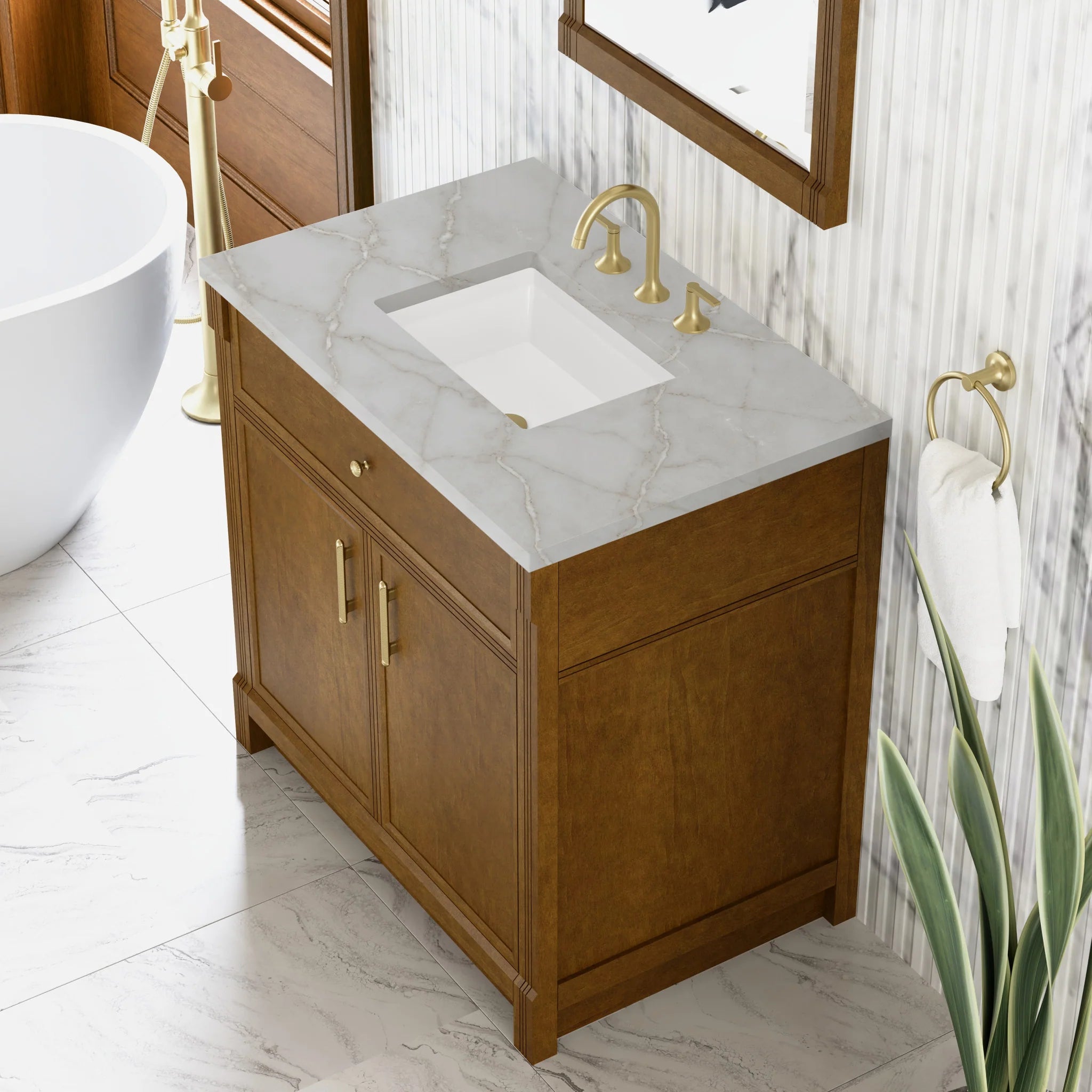 36" Bellshire Single Vanity in Honey Oak by James Martin Vanities-Victorian Silver Silestone 5