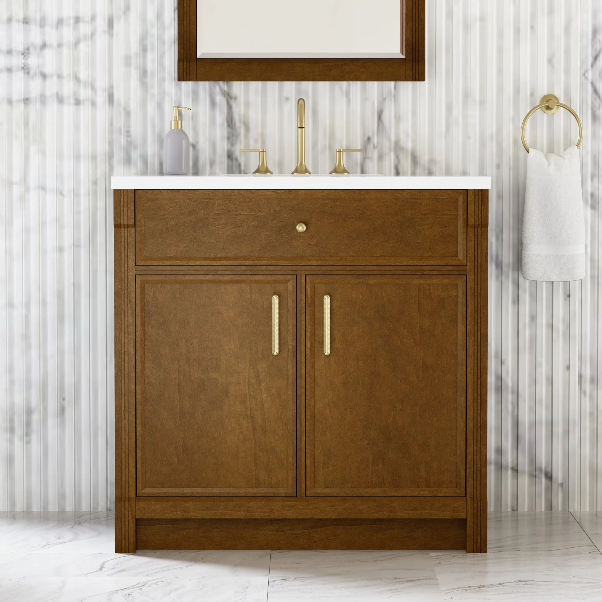36" Bellshire Single Vanity in Honey Oak by James Martin Vanities-White Zeus Silestone 2
