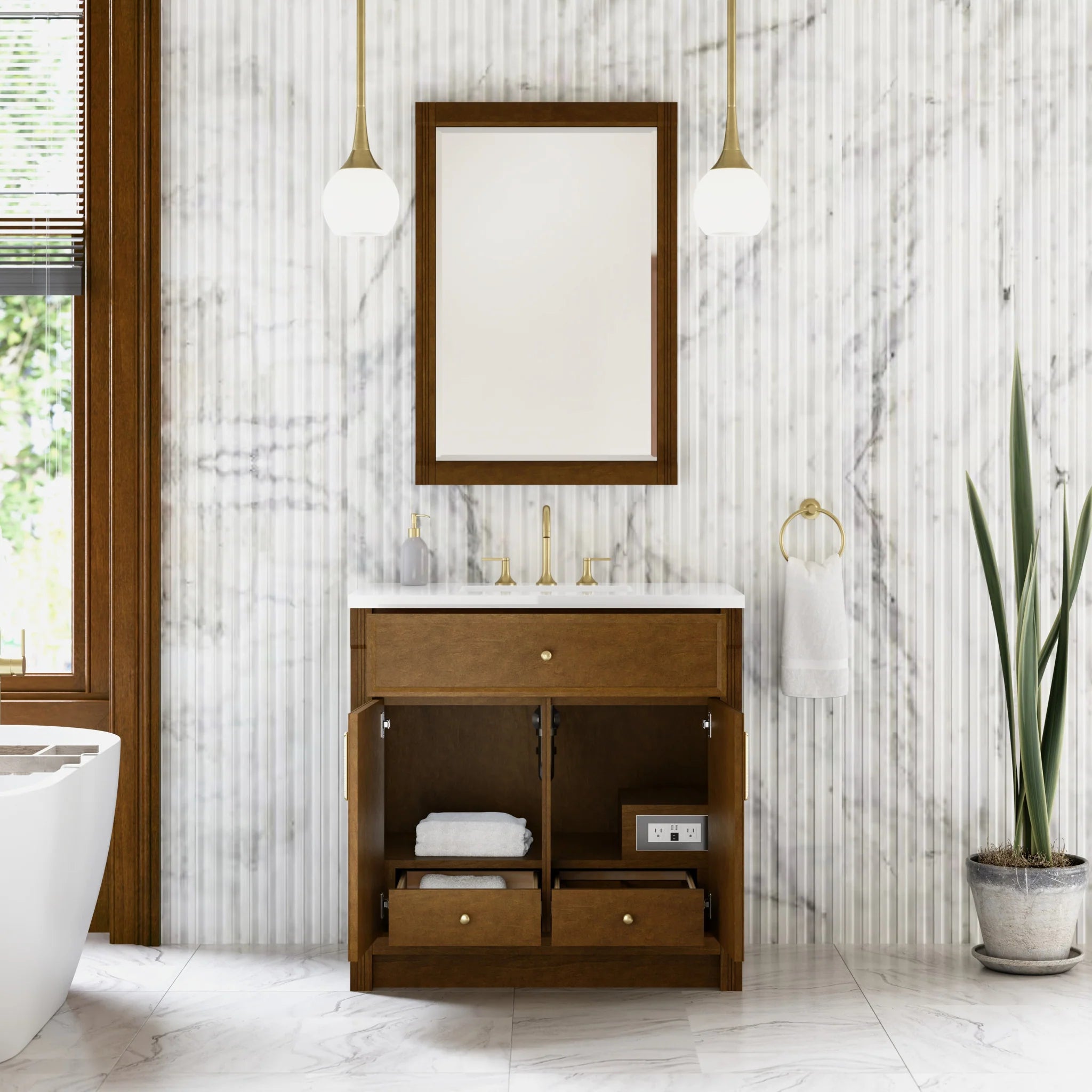 36" Bellshire Single Vanity in Honey Oak by James Martin Vanities-White Zeus Silestone 6
