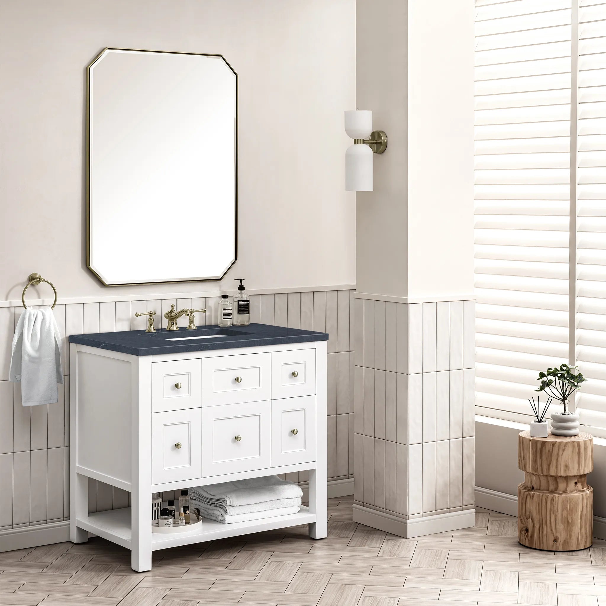 36" Breckenridge Single Vanity in Bright White-Charcoal Soapstone Silestone-8" Widespread image 2