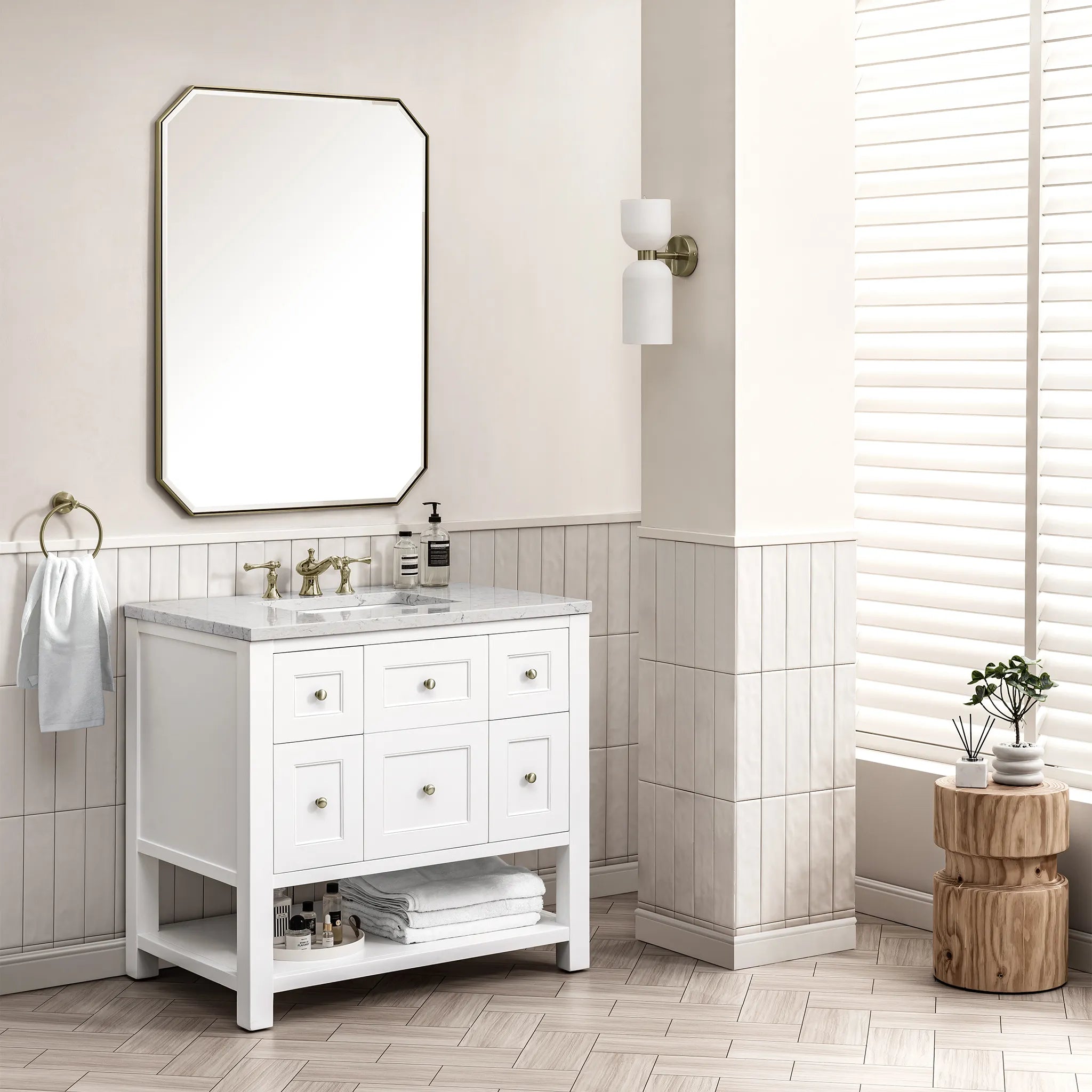 36" Breckenridge Single Vanity in Bright White-Eternal Jasmine Pearl Silestone-8" Widespread image 1