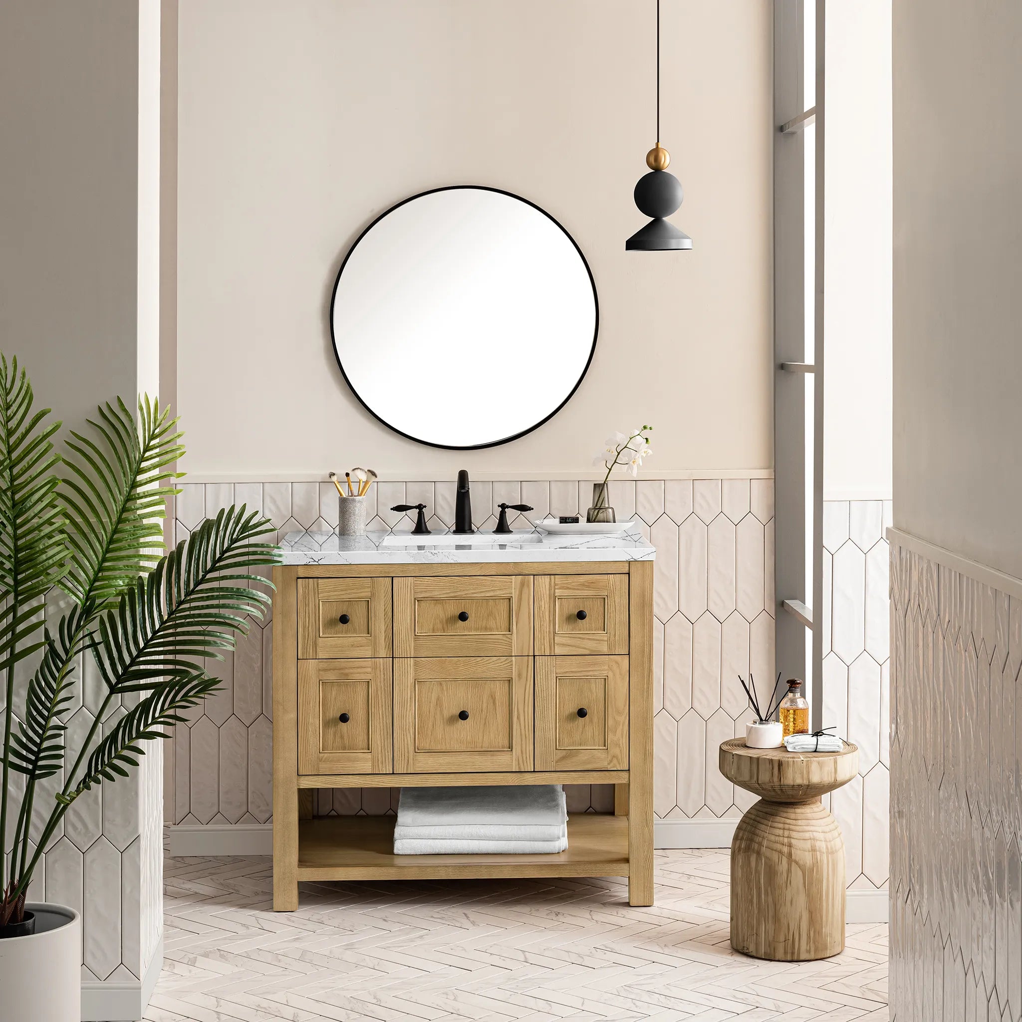 36" Breckenridge Single Vanity in Light Natural Oak-Ethereal Noctis Silestone-8" Widespread image 1