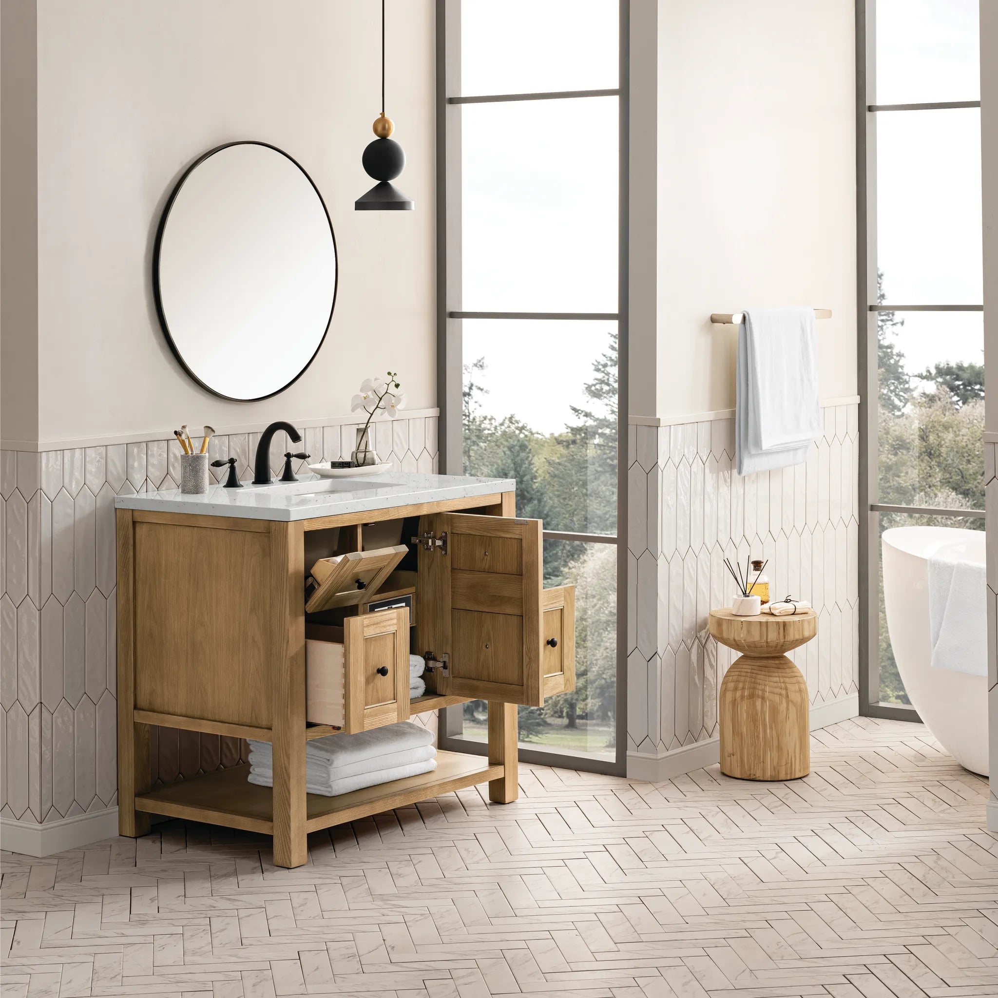 36" Breckenridge Single Vanity in Light Natural Oak-Lime Delight Silestone-8" Widespread image 3