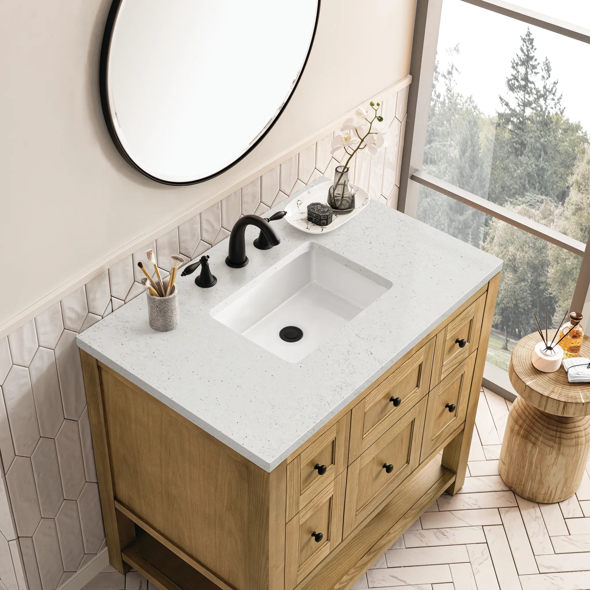 36" Breckenridge Single Vanity in Light Natural Oak-Lime Delight Silestone-8" Widespread image 4