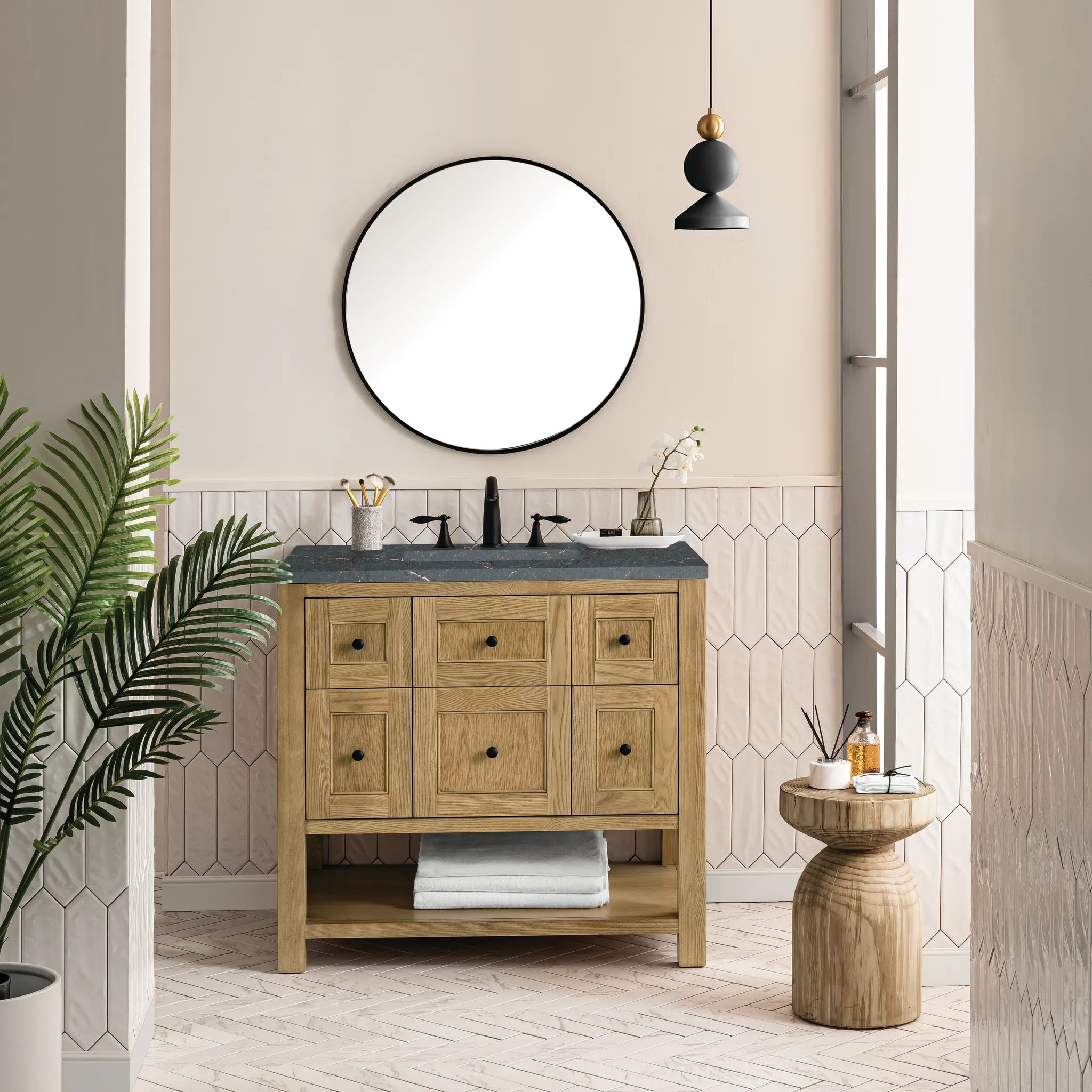 36" Breckenridge Single Vanity in Light Natural Oak-Parisien Bleu Silestone-8" Widespread image 1