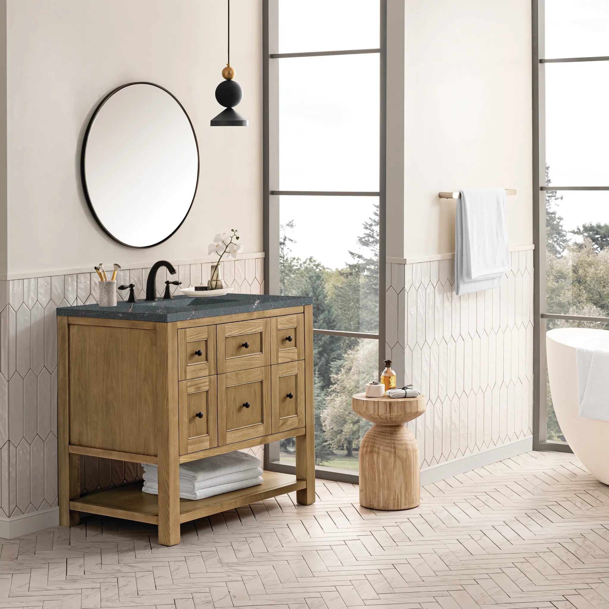 36" Breckenridge Single Vanity in Light Natural Oak-Parisien Bleu Silestone-8" Widespread image 2