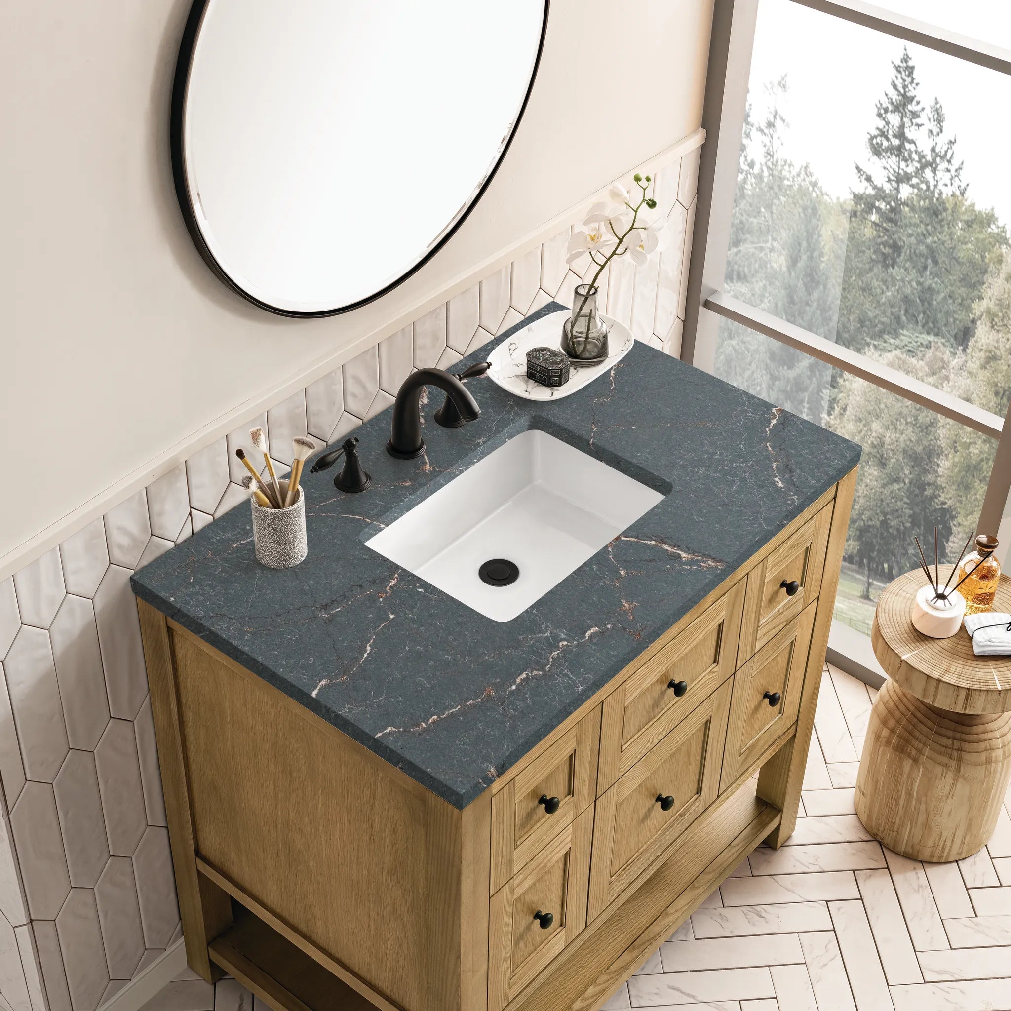 36" Breckenridge Single Vanity in Light Natural Oak-Parisien Bleu Silestone-8" Widespread image 4