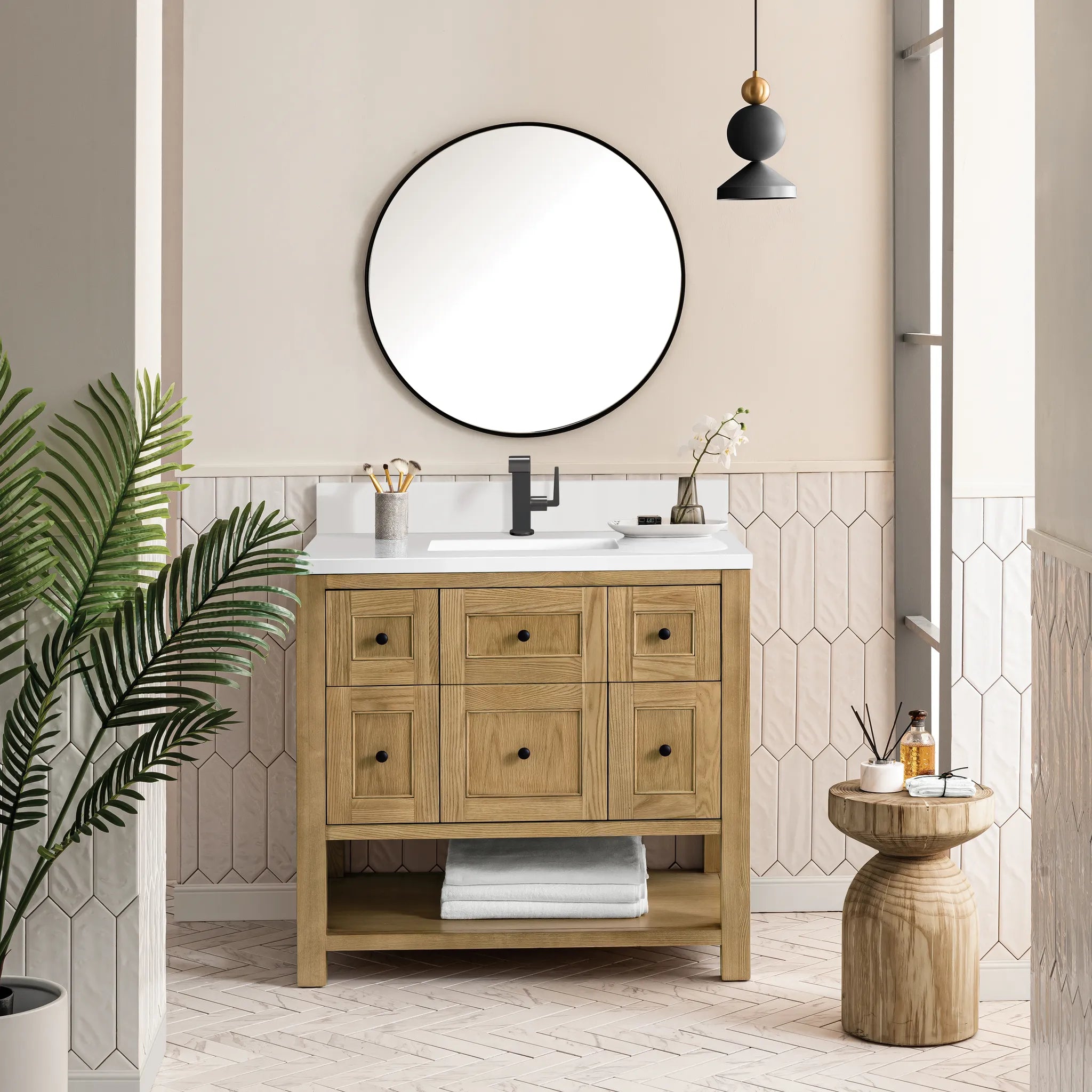 36" Breckenridge Single Vanity in Light Natural Oak-White Zeus Silestone & Backsplash-Single Hole image 1